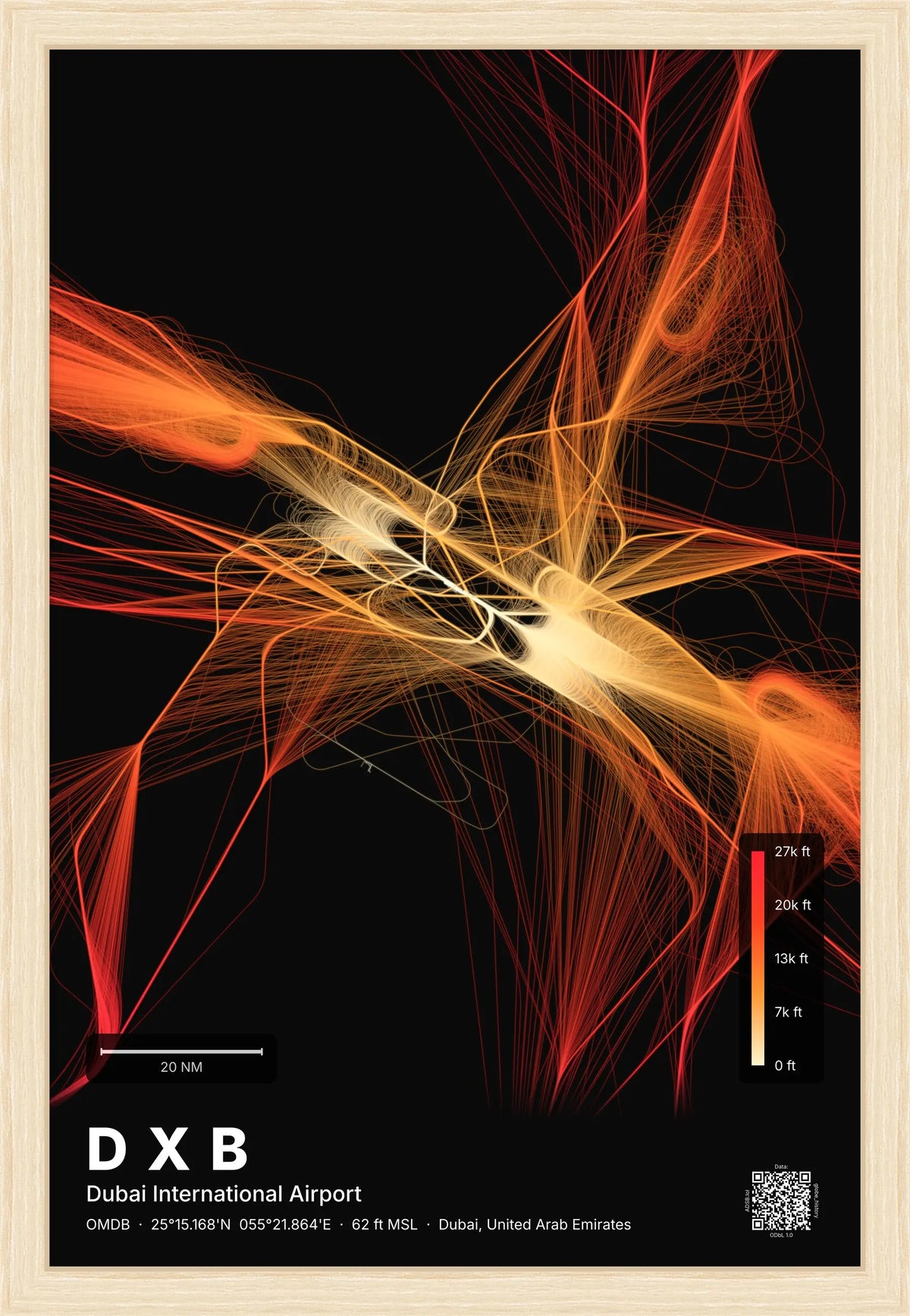 DXB flight path print — Inferno theme · Dark [material:framed_natural]