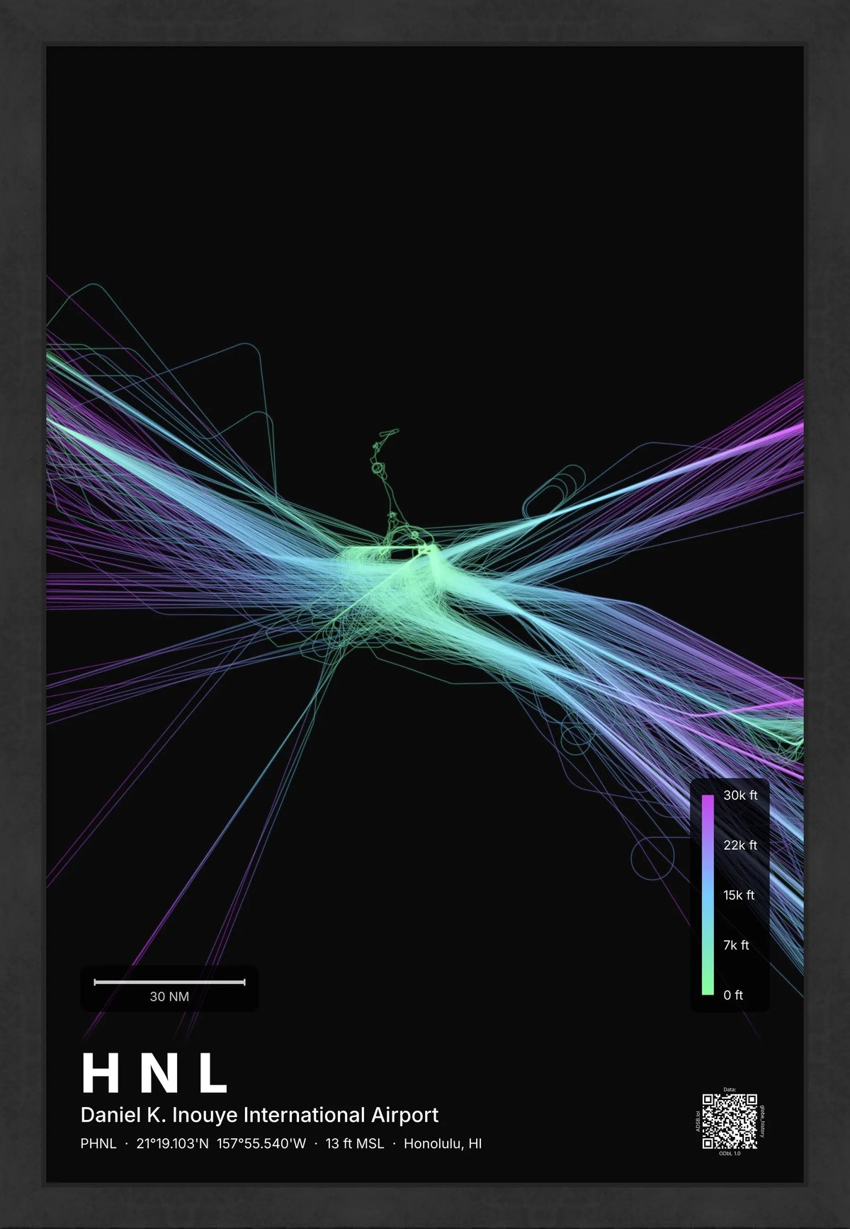 HNL flight path print — Prism theme · Dark [material:framed_black]