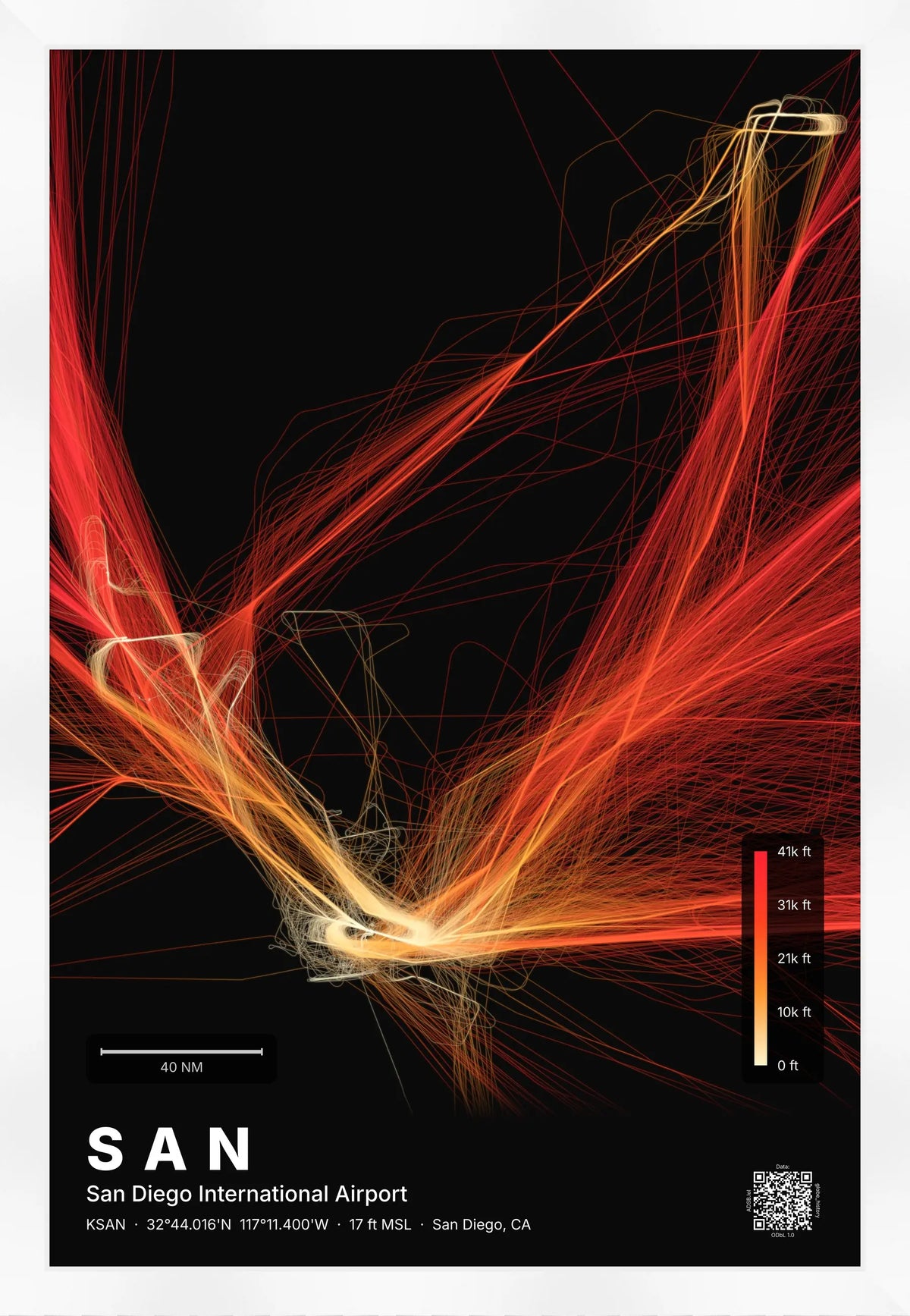 SAN flight path print — Inferno theme · Dark [material:framed_white]