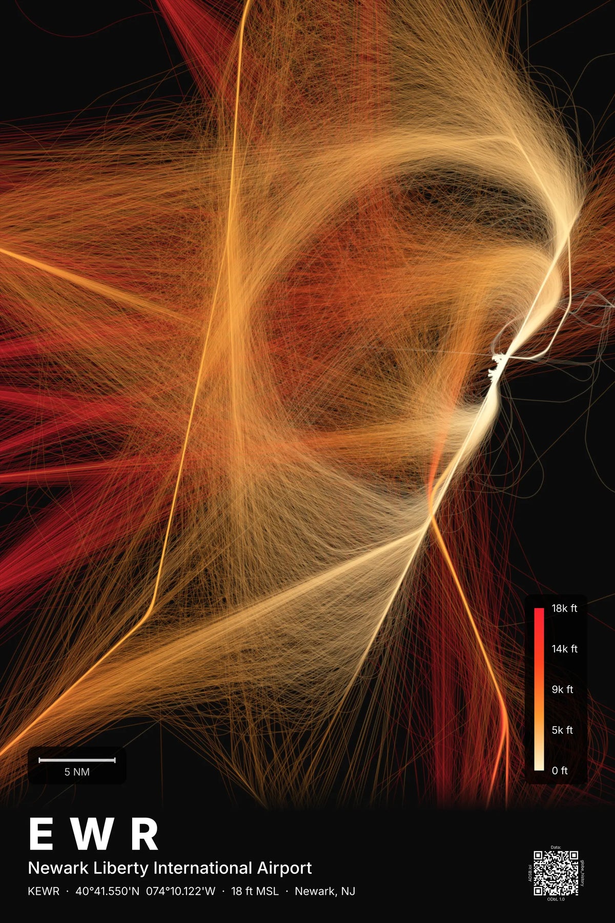 EWR flight path print — Inferno theme · Dark