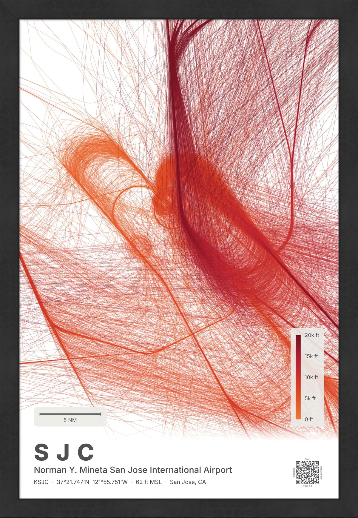 SJC flight path map — Inferno theme · Light [material:framed_black]