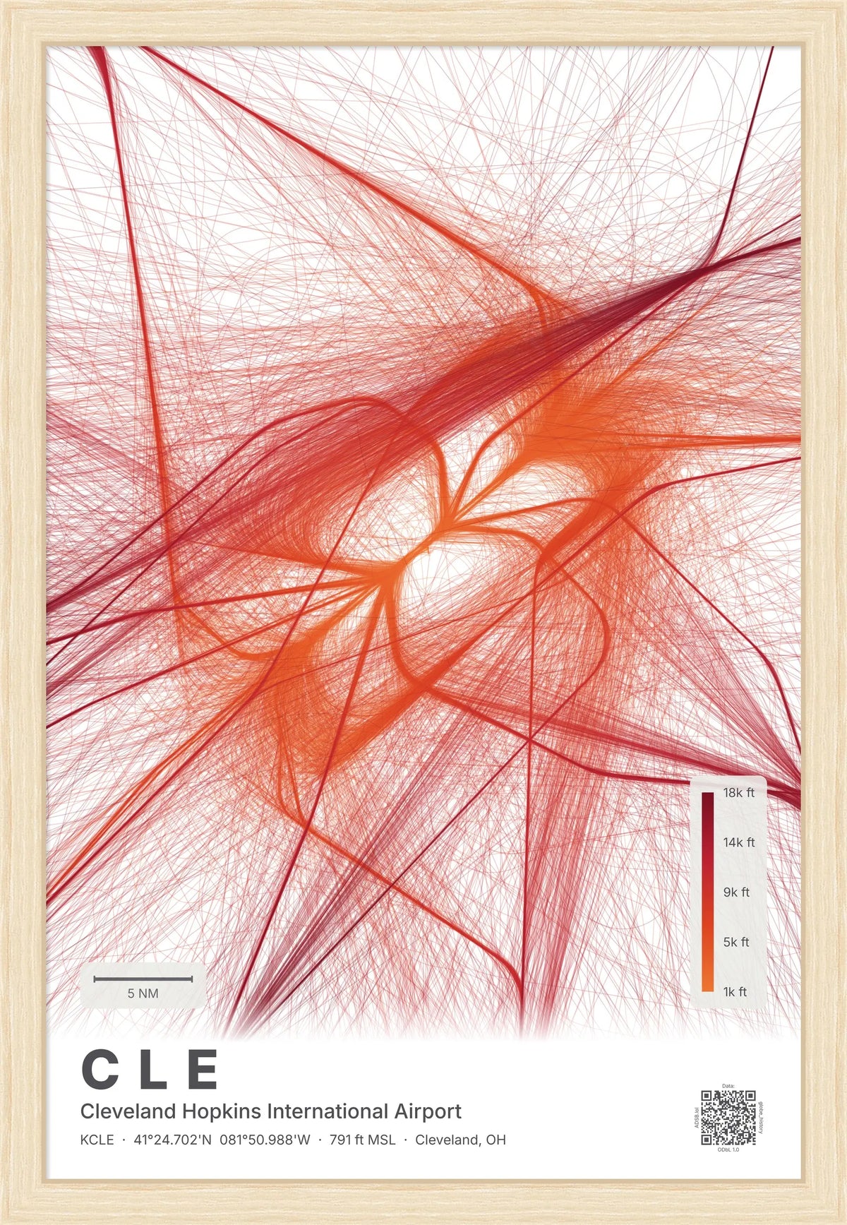 CLE flight path print — Inferno theme · Light [material:framed_natural]
