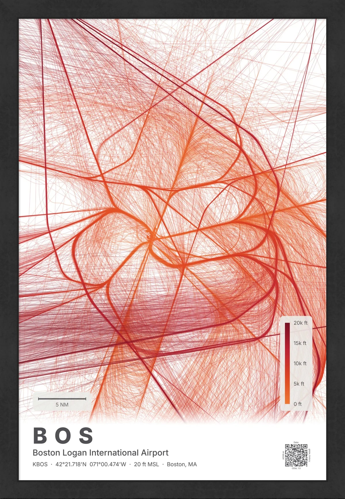 BOS flight path print — Inferno theme · Light [material:framed_black]