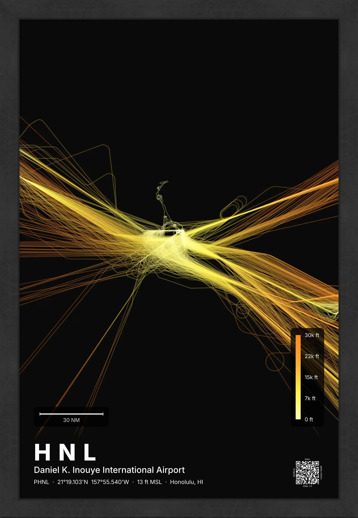 HNL flight path print — Solana theme · Dark [material:framed_black]