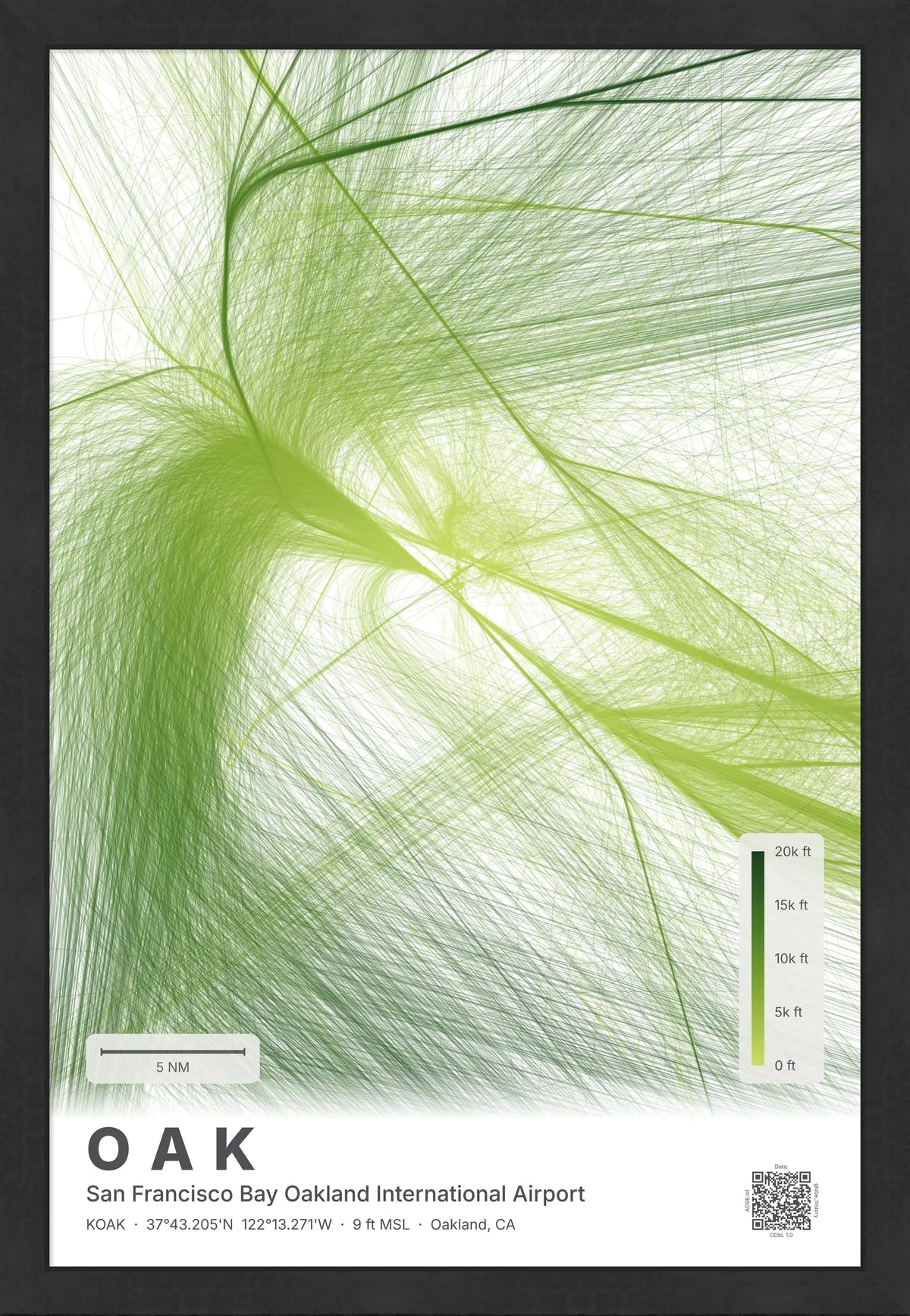OAK flight path print — Citrus theme · Light [material:framed_black]