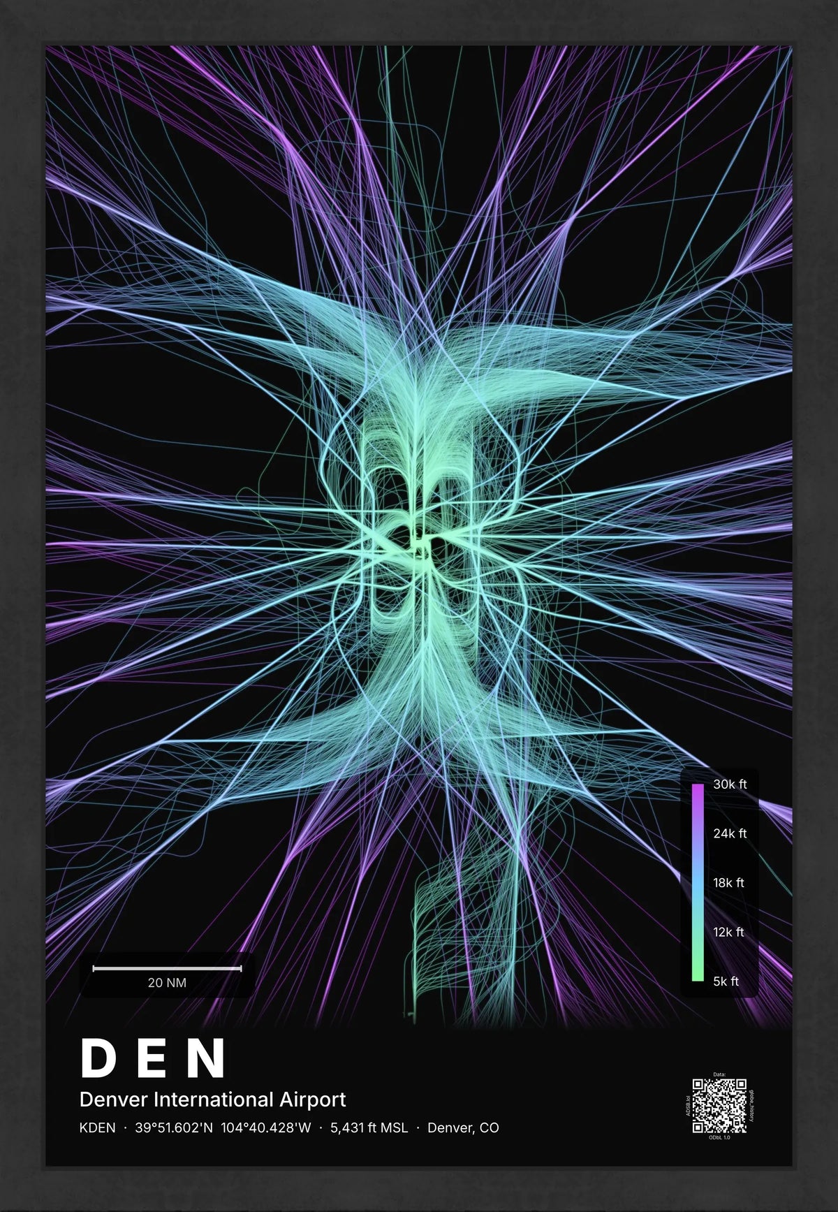 DEN flight path print — Prism theme · Dark [material:framed_black]