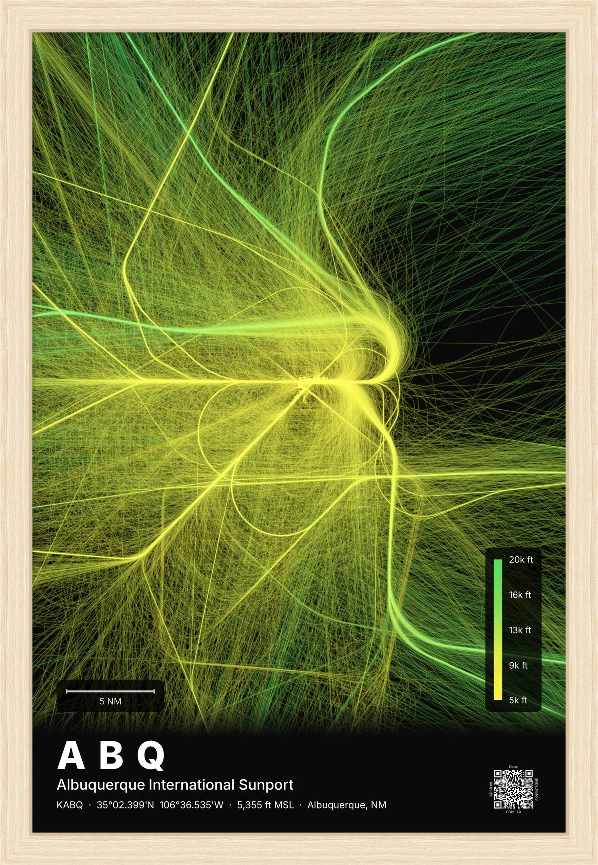ABQ flight path map — Citrus theme · Dark [material:framed_natural]