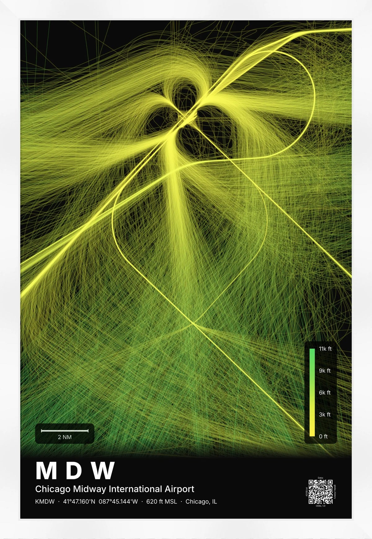 MDW flight path print — Citrus theme · Dark [material:framed_white]