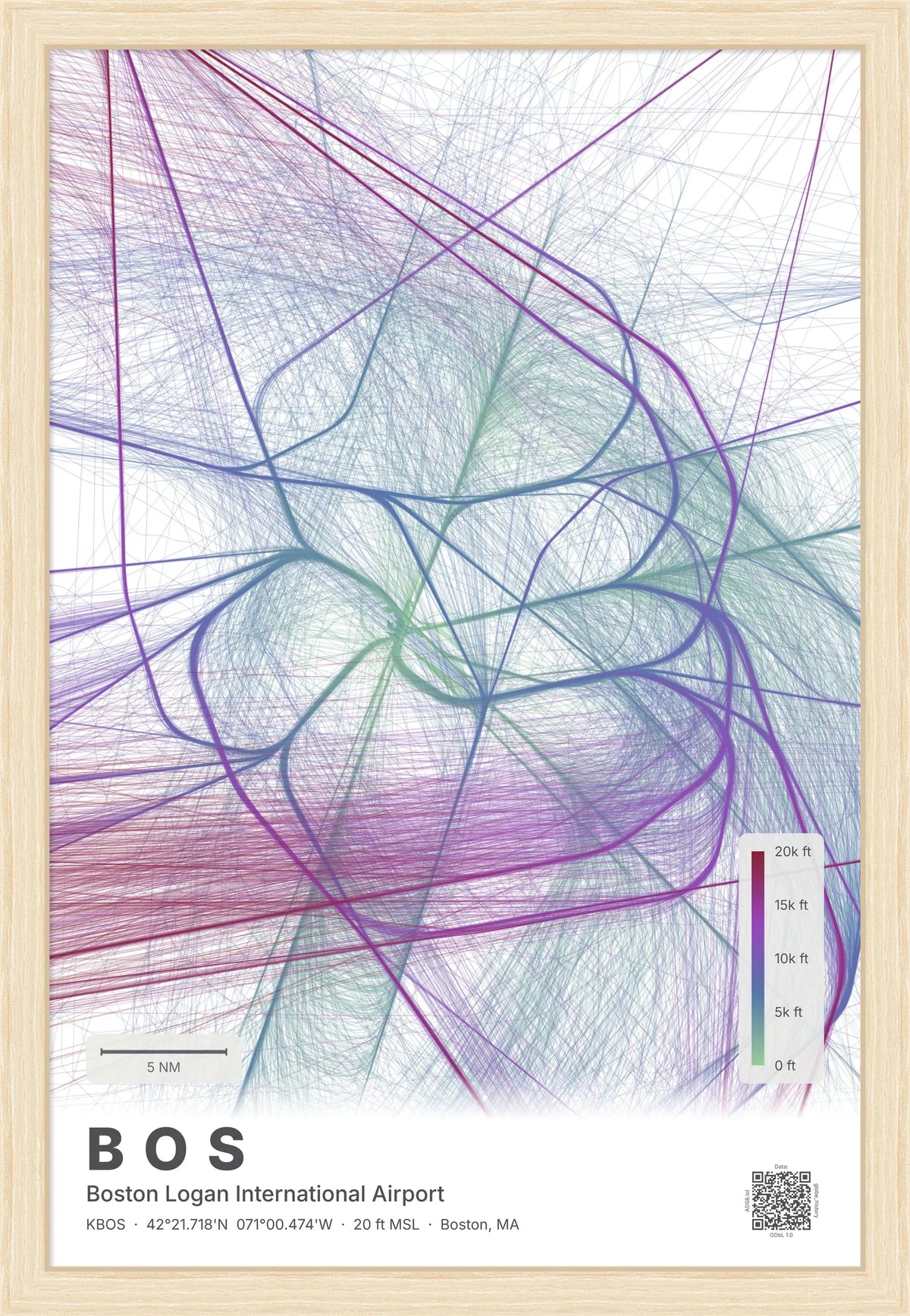 BOS flight path print — Prism theme · Light [material:framed_natural]