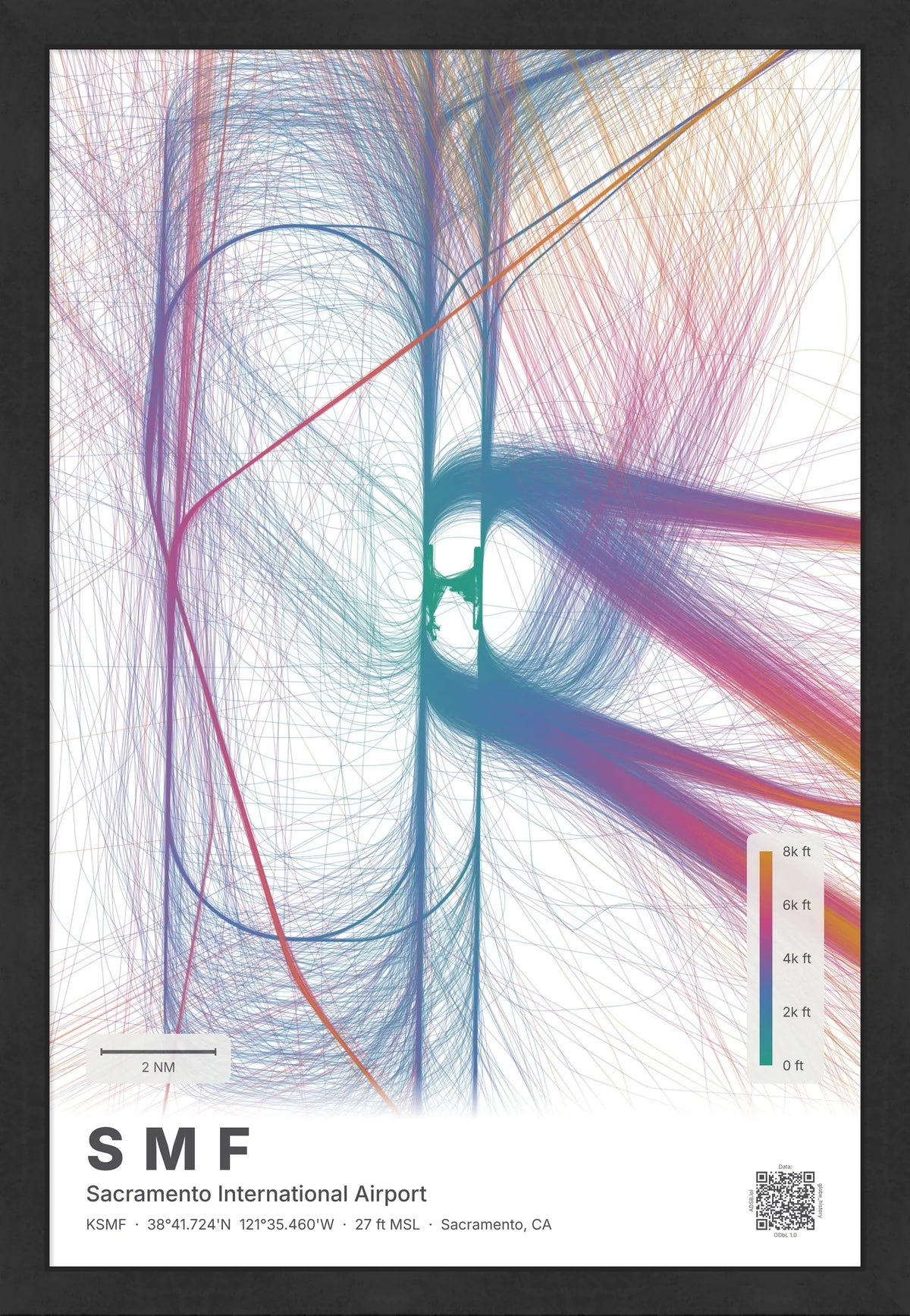 SMF flight path print — Aurora theme · Light [material:framed_black]