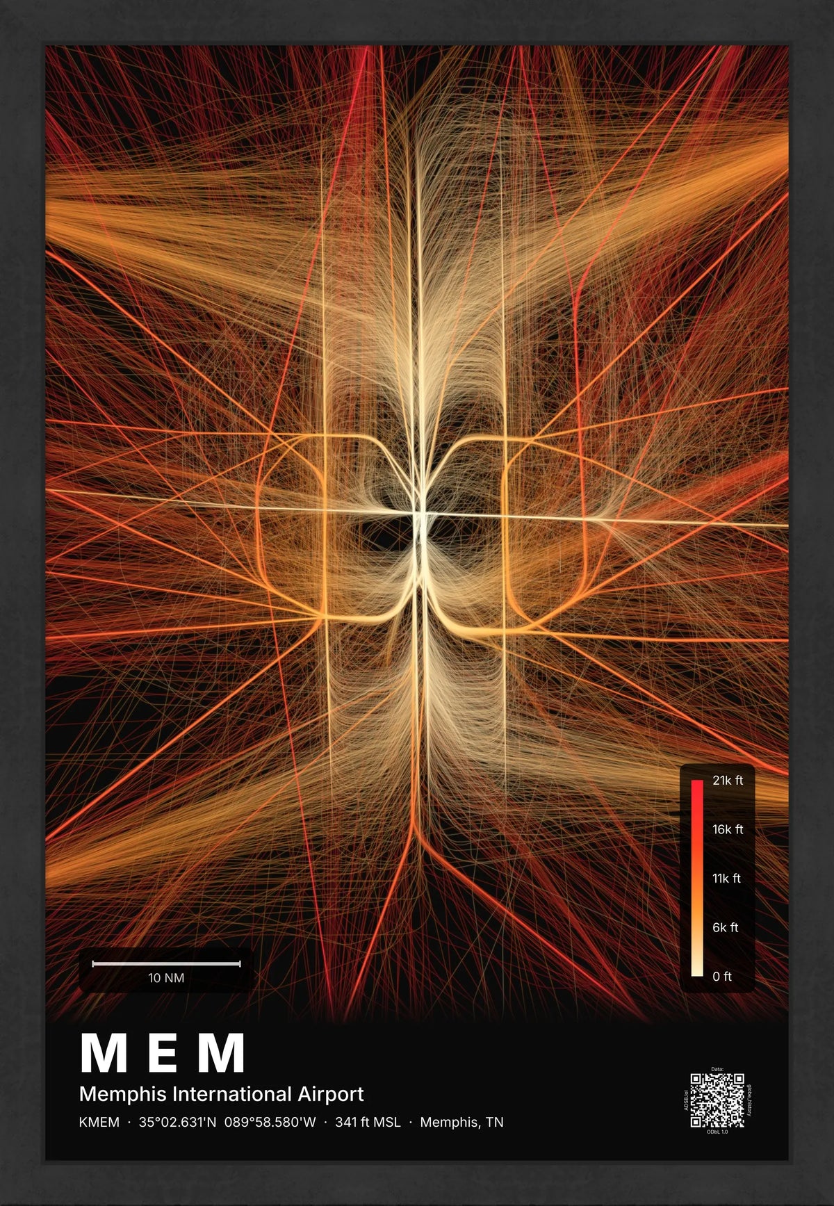 MEM flight path print — Inferno theme · Dark [material:framed_black]