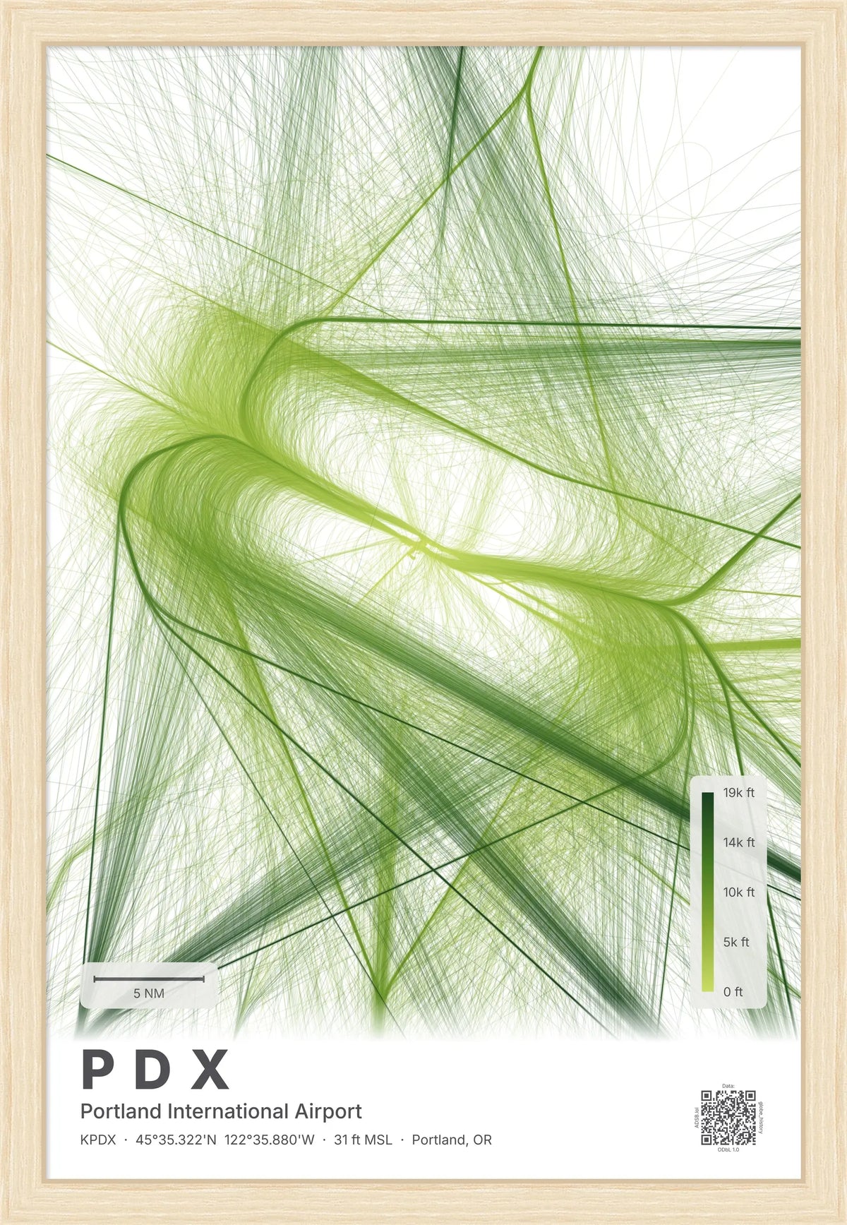 PDX flight path print — Citrus theme · Light [material:framed_natural]
