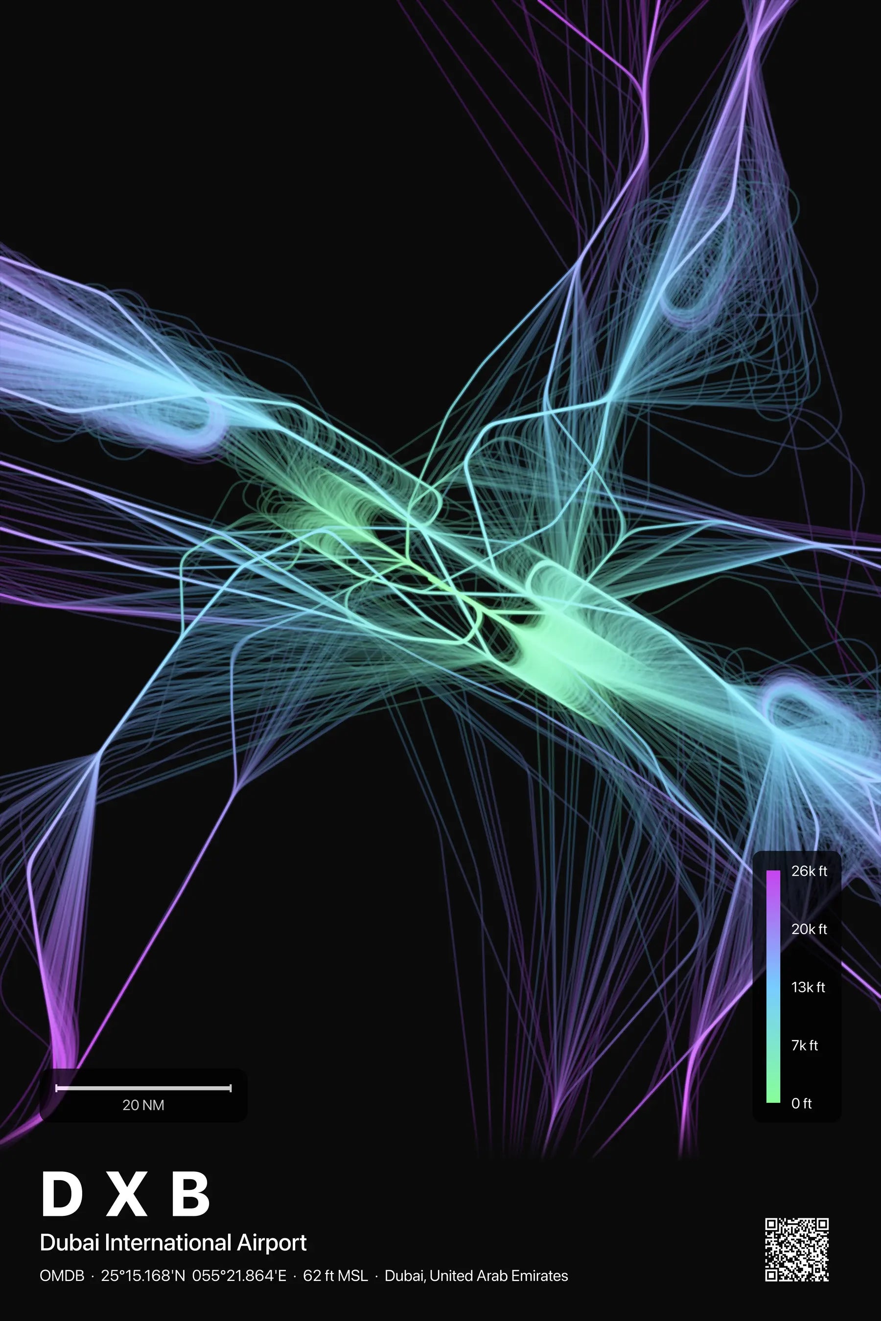 DXB flight path print — Prism theme · Dark