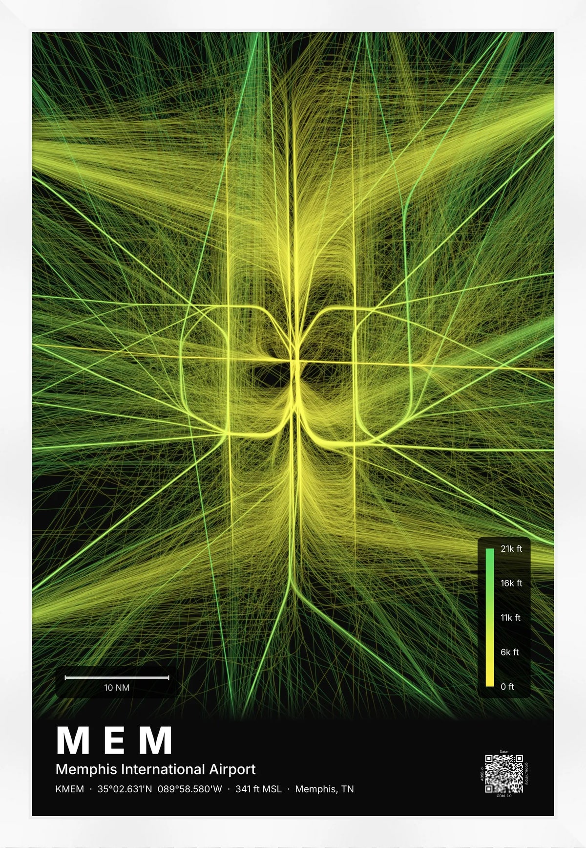 MEM flight path print — Citrus theme · Dark [material:framed_white]