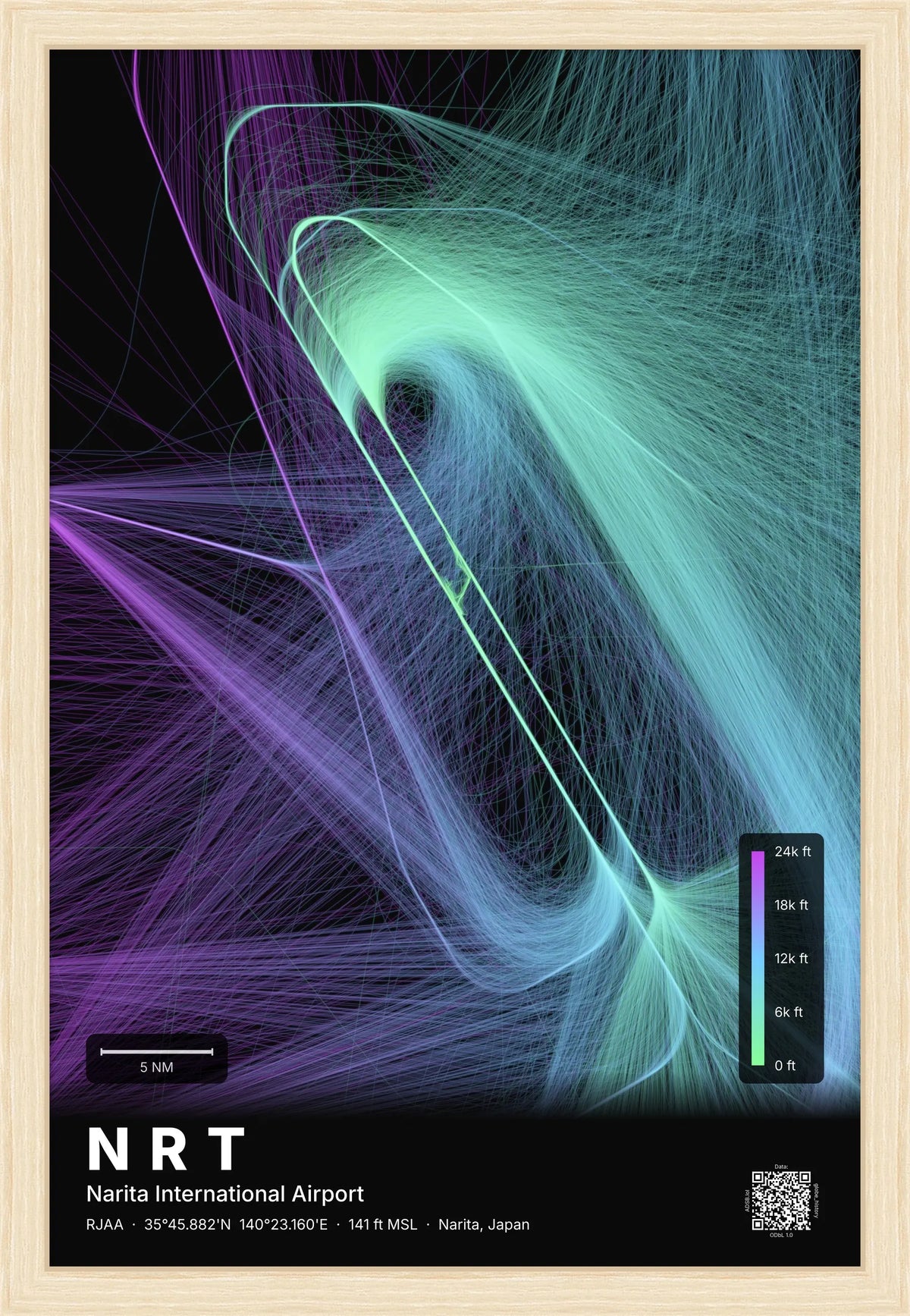 NRT flight path map — Prism theme · Dark [material:framed_natural]
