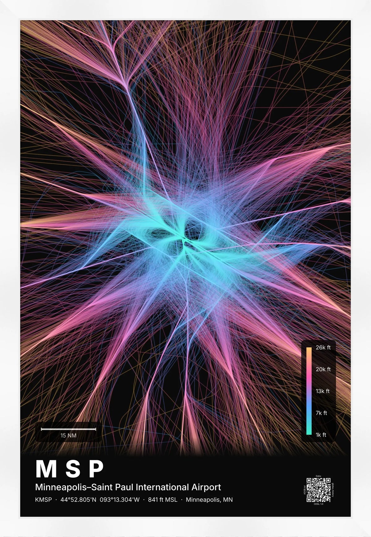 MSP flight path print — Aurora theme · Dark [material:framed_white]