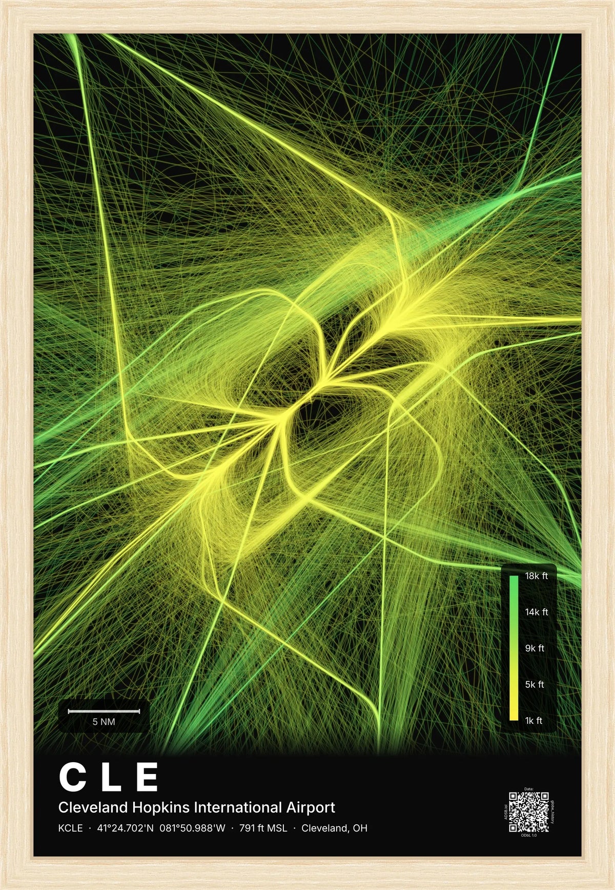 CLE flight path print — Citrus theme · Dark [material:framed_natural]