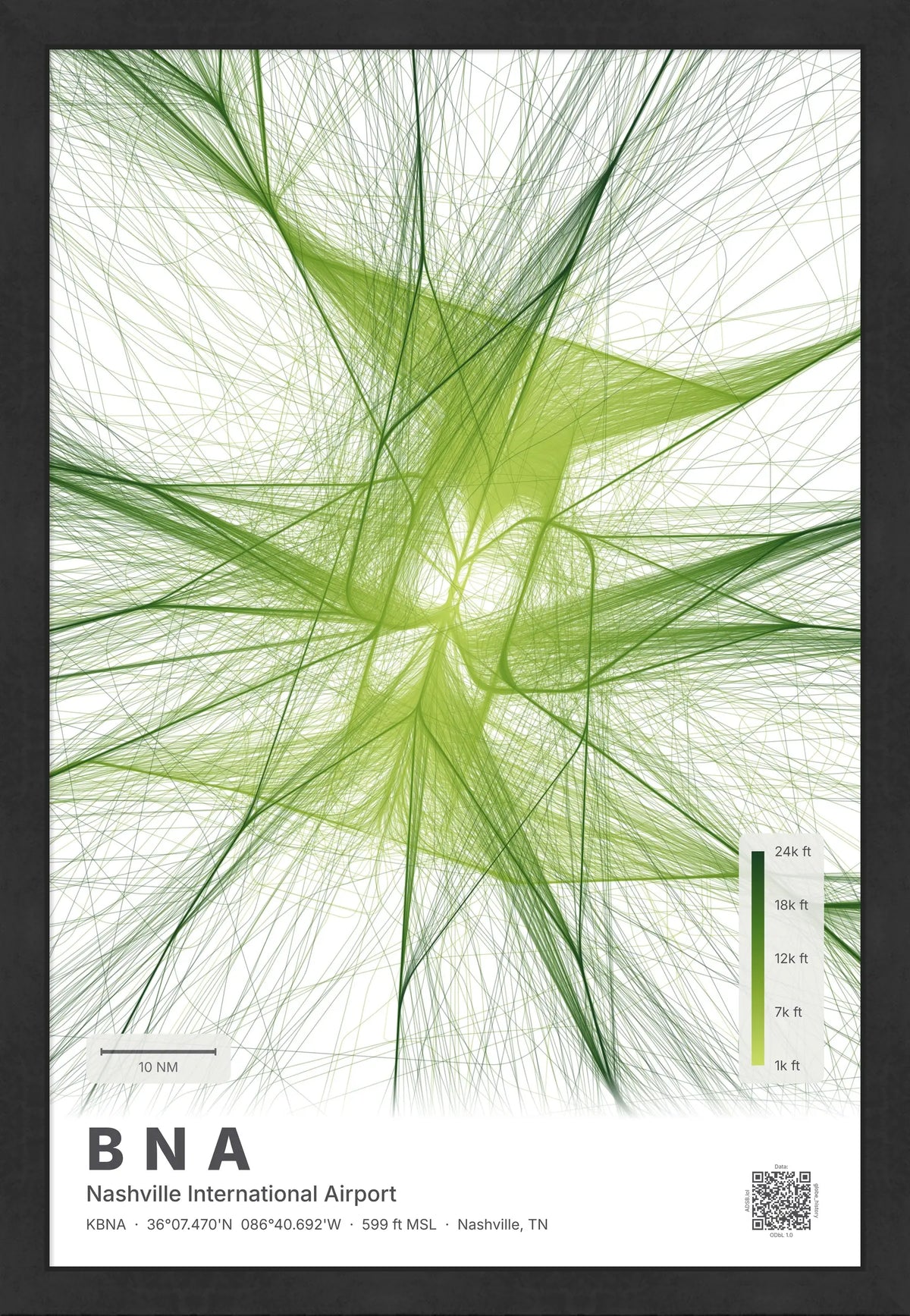 BNA flight path print — Citrus theme · Light [material:framed_black]