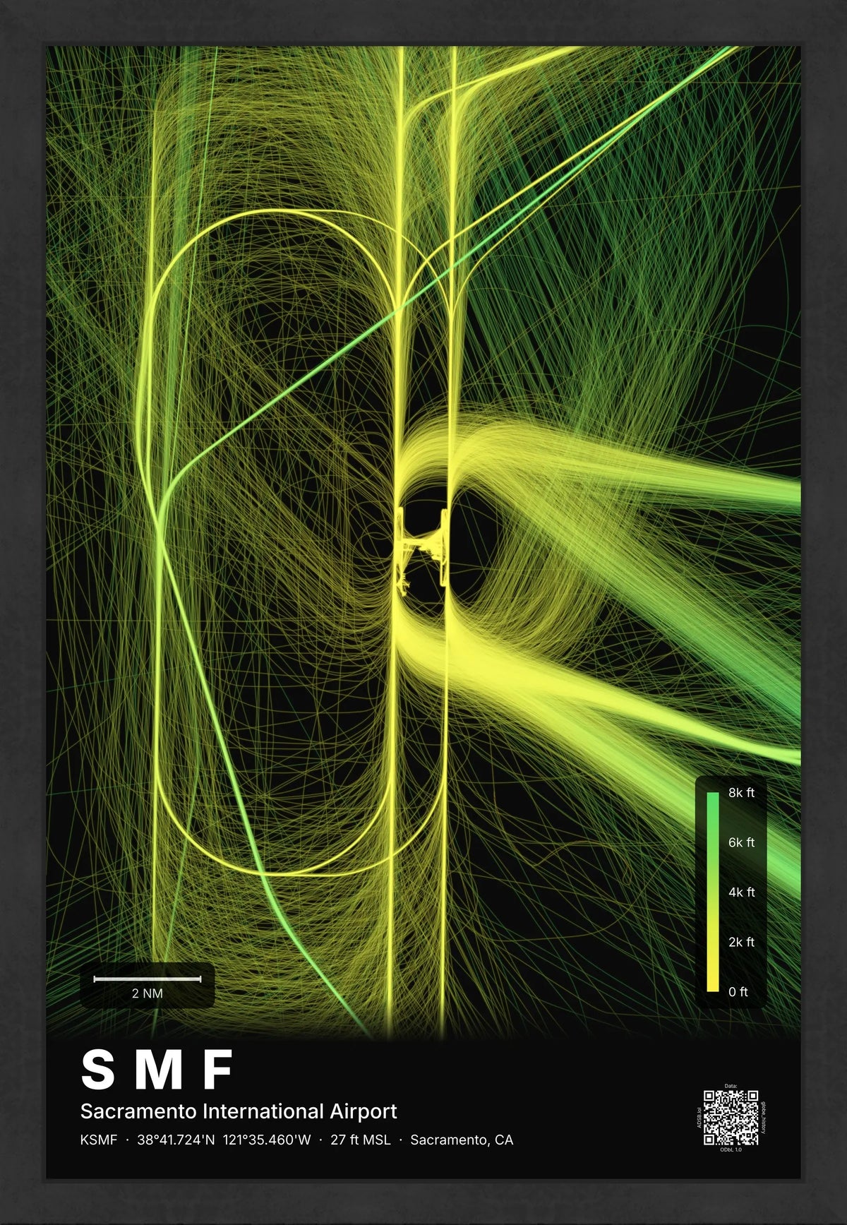 SMF flight path print — Citrus theme · Dark [material:framed_black]
