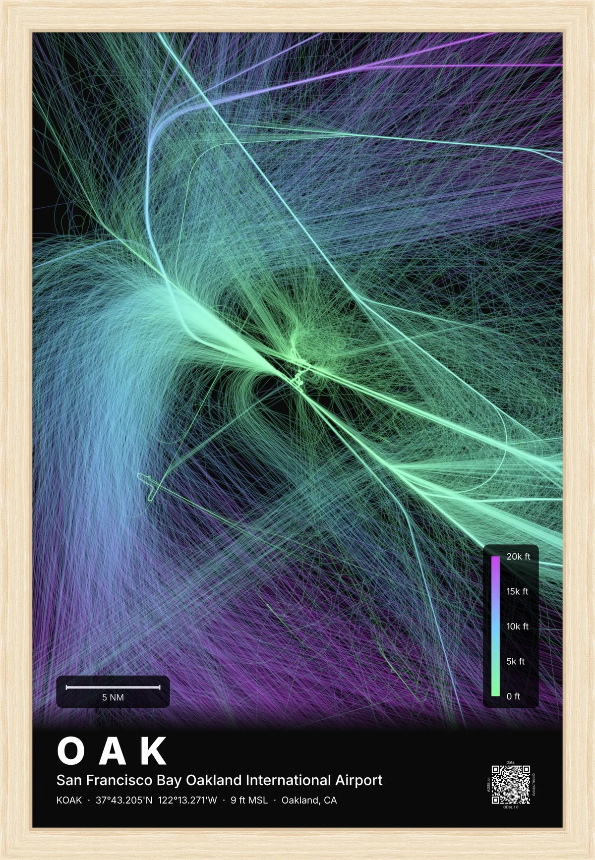 OAK flight path print — Prism theme · Dark [material:framed_natural]