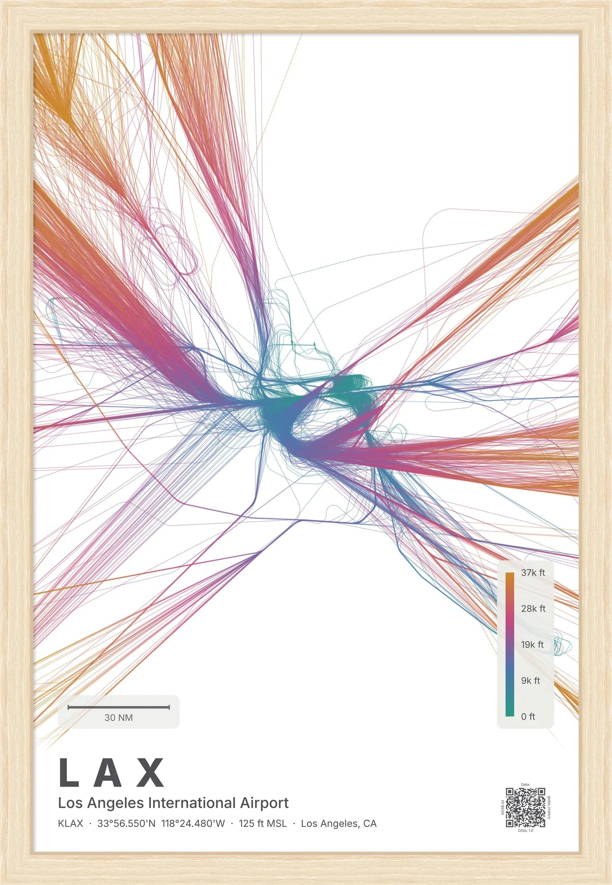 LAX flight path print — Aurora theme · Light [material:framed_natural]