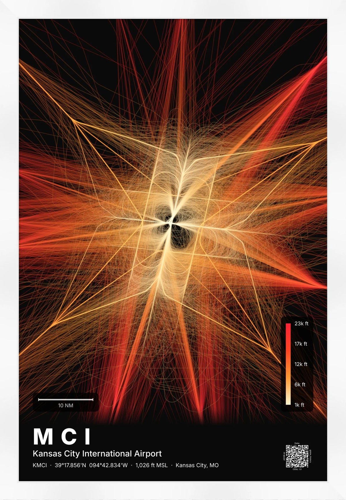 MCI flight path print — Inferno theme · Dark [material:framed_white]