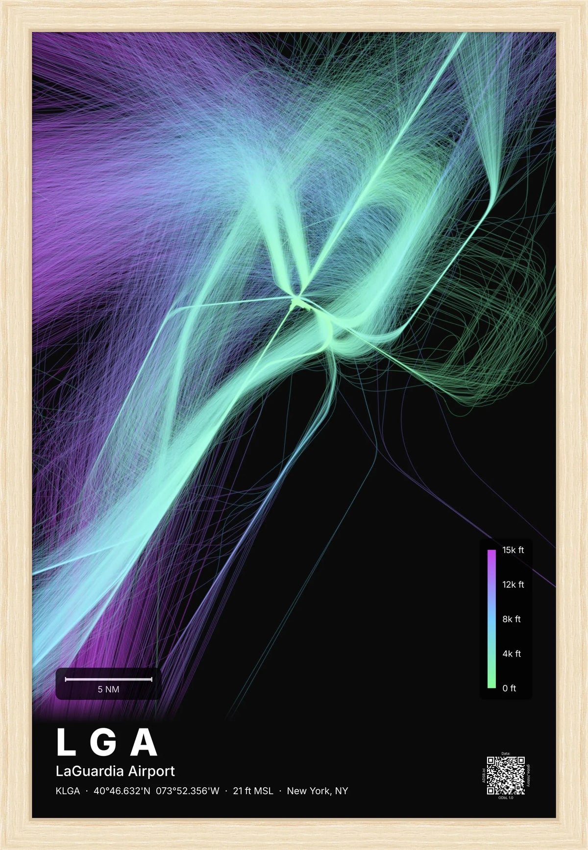 LGA flight path print — Prism theme · Dark [material:framed_natural]