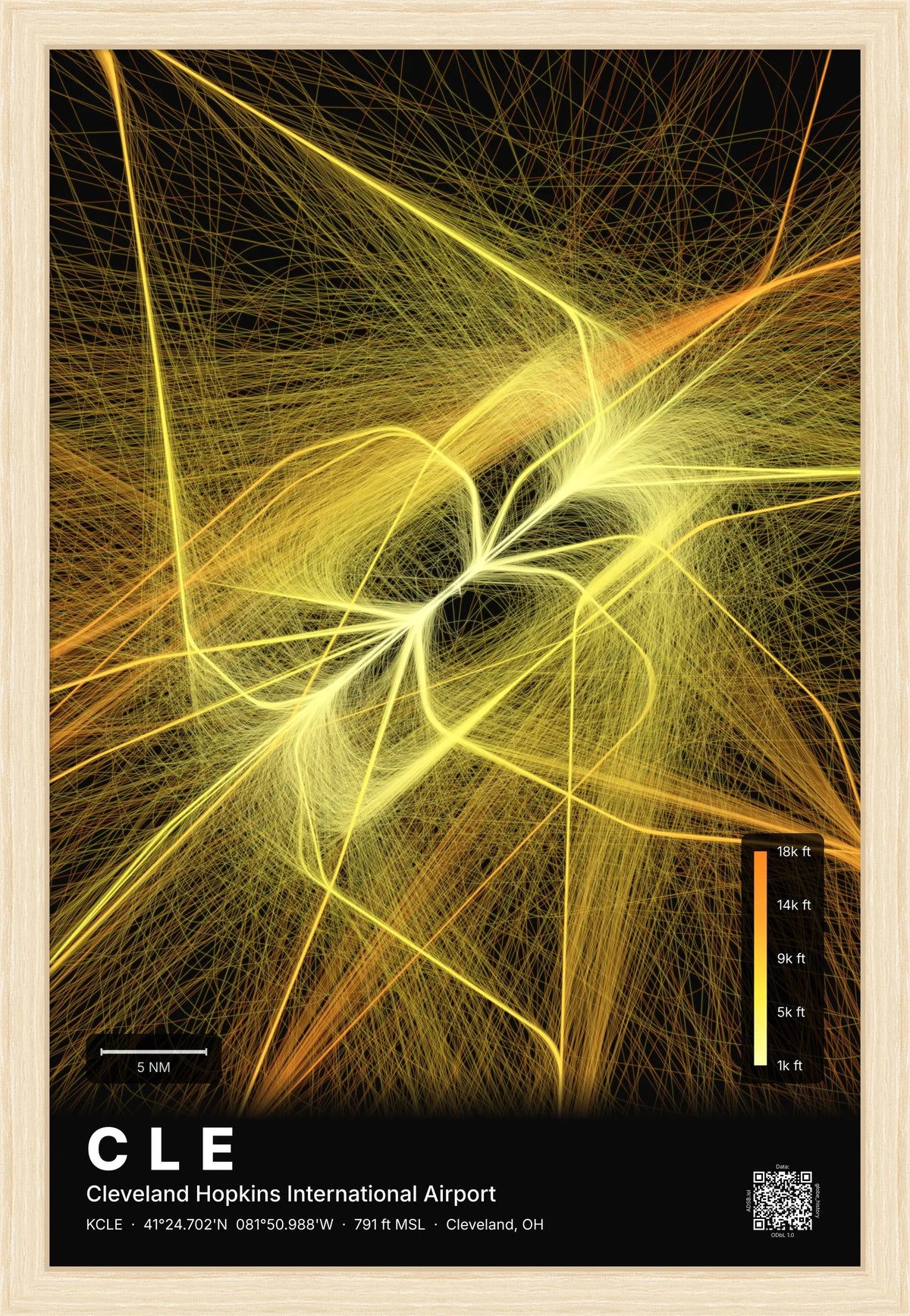 CLE flight path print — Solana theme · Dark [material:framed_natural]