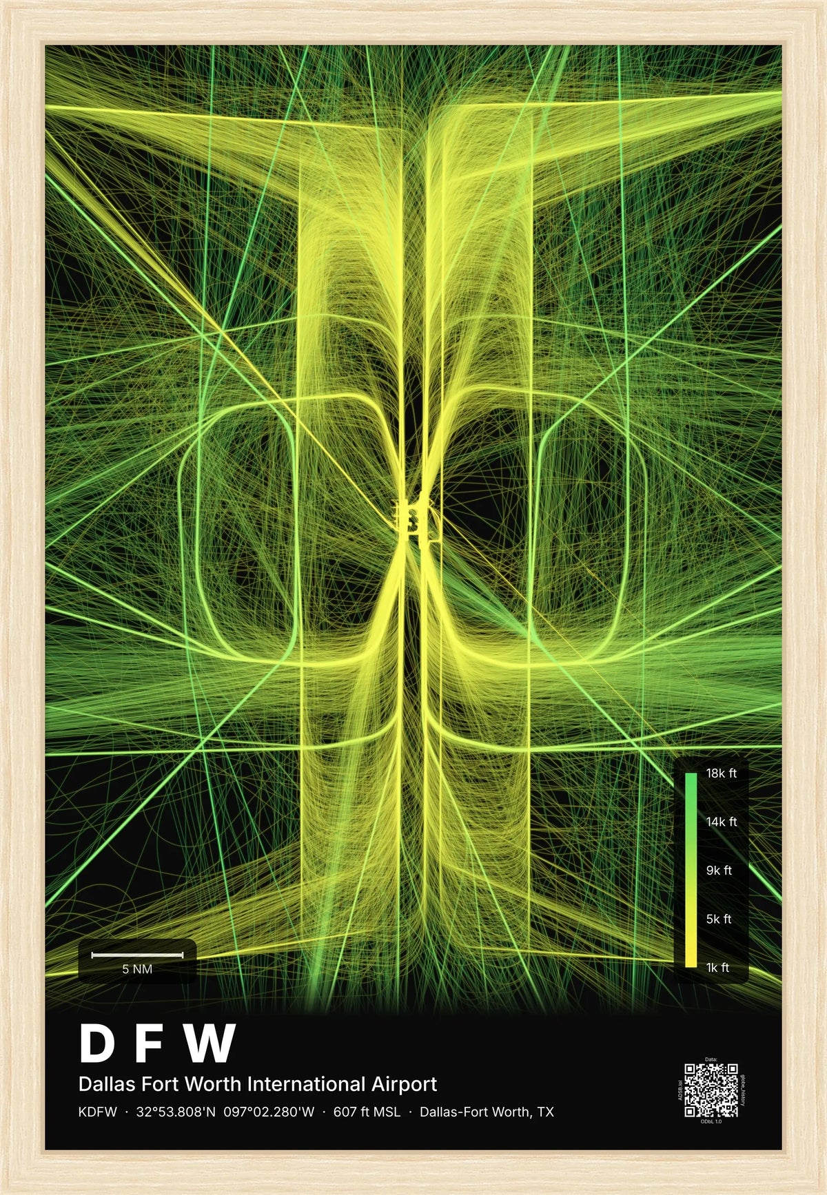 DFW flight path map — Citrus theme · Dark [material:framed_natural]