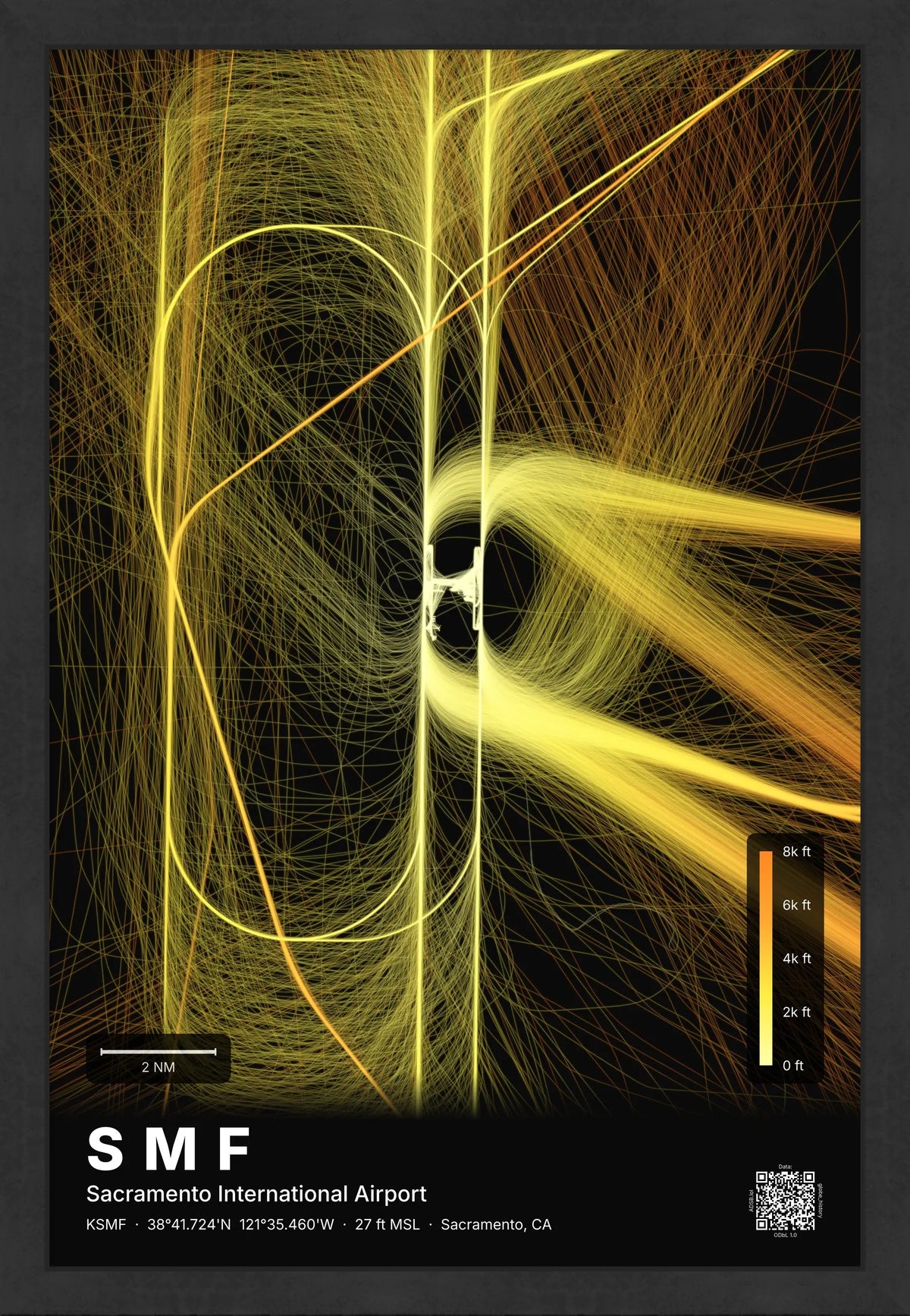 SMF flight path print — Solana theme · Dark [material:framed_black]
