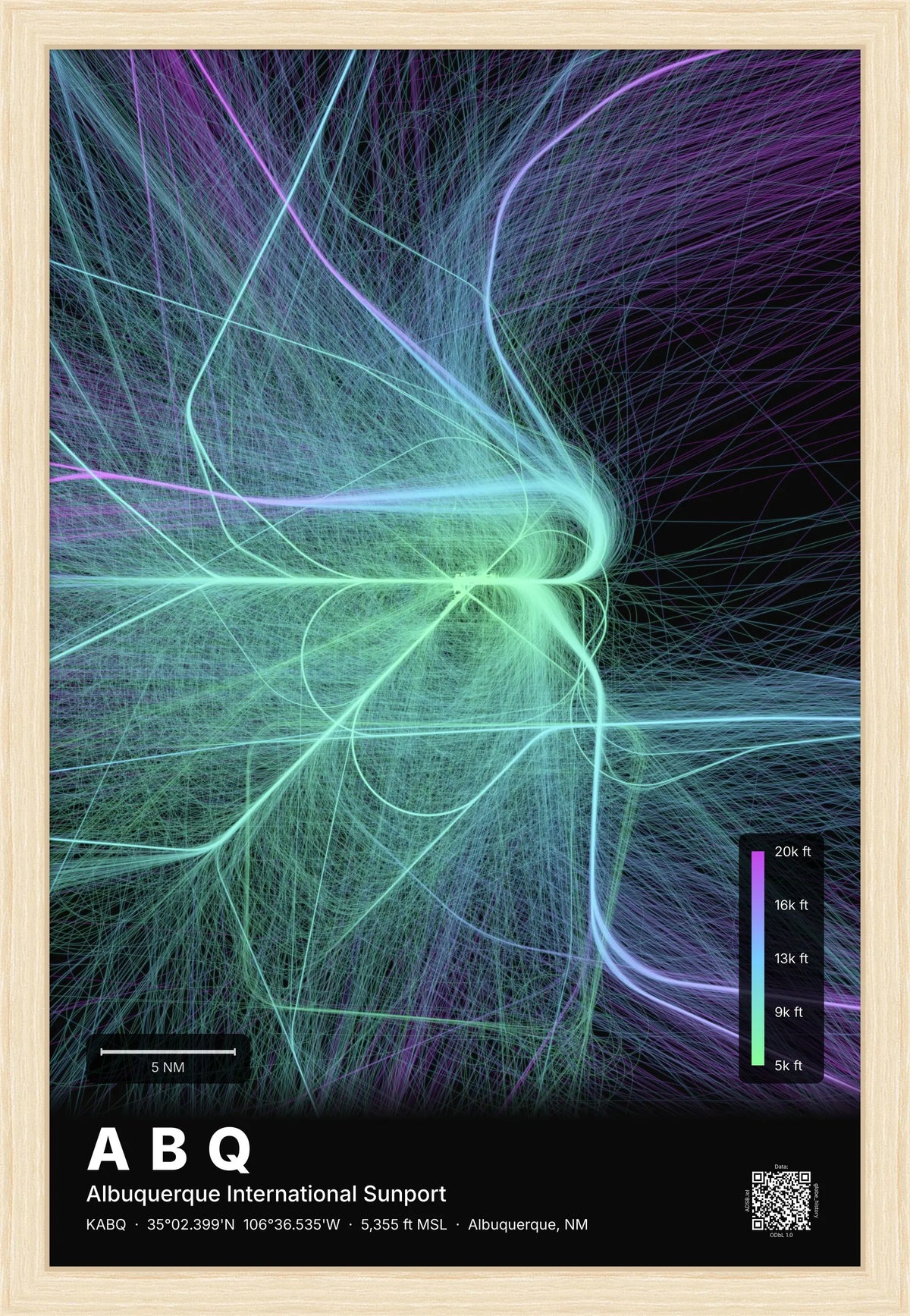 ABQ flight path map — Prism theme · Dark [material:framed_natural]