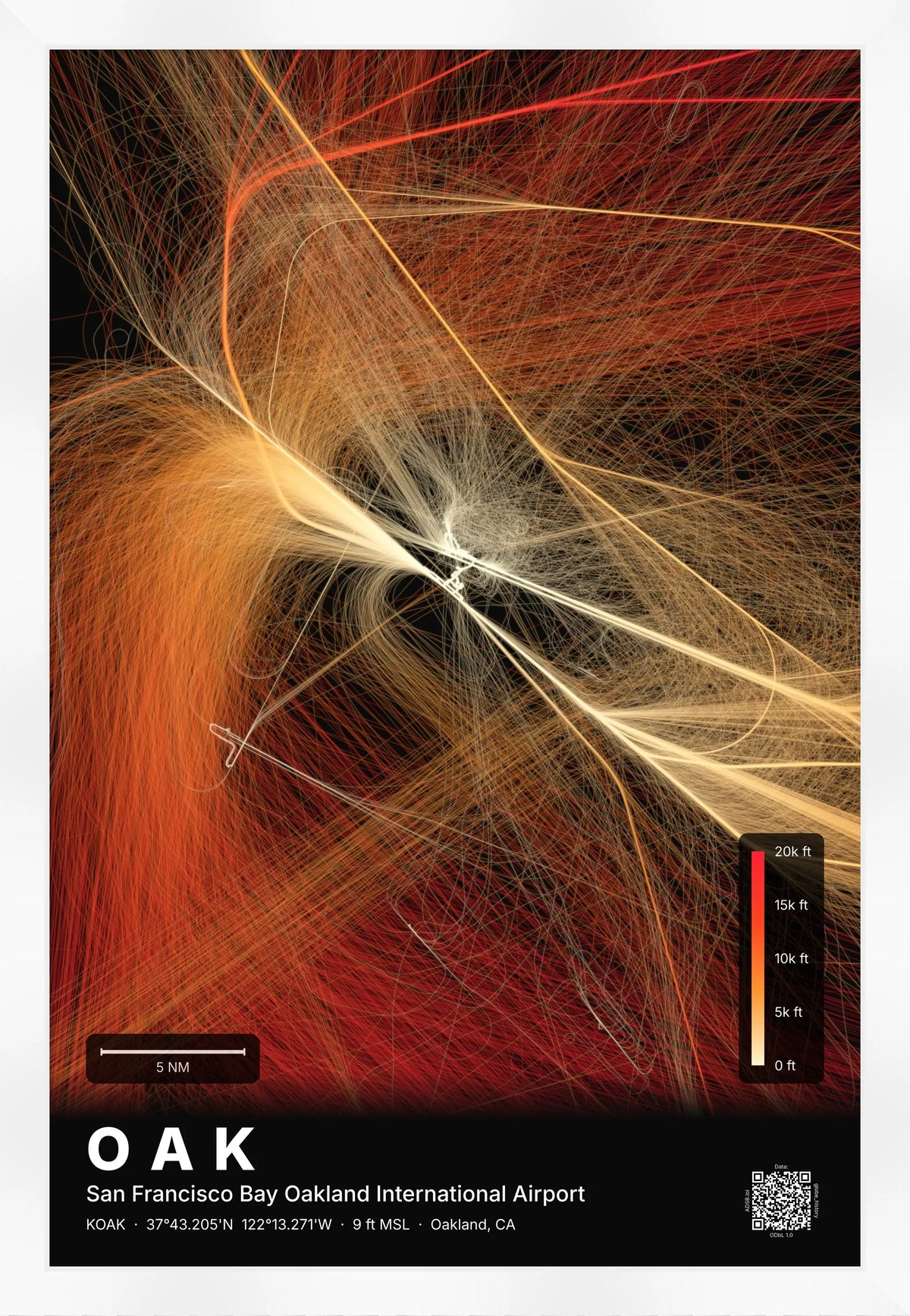 OAK flight path print — Inferno theme · Dark [material:framed_white]
