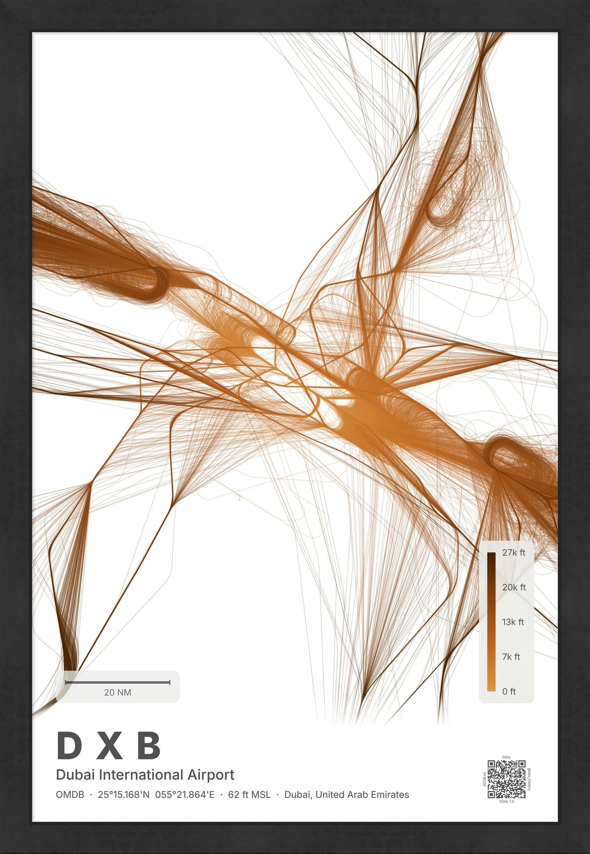 DXB flight path print — Solana theme · Light [material:framed_black]