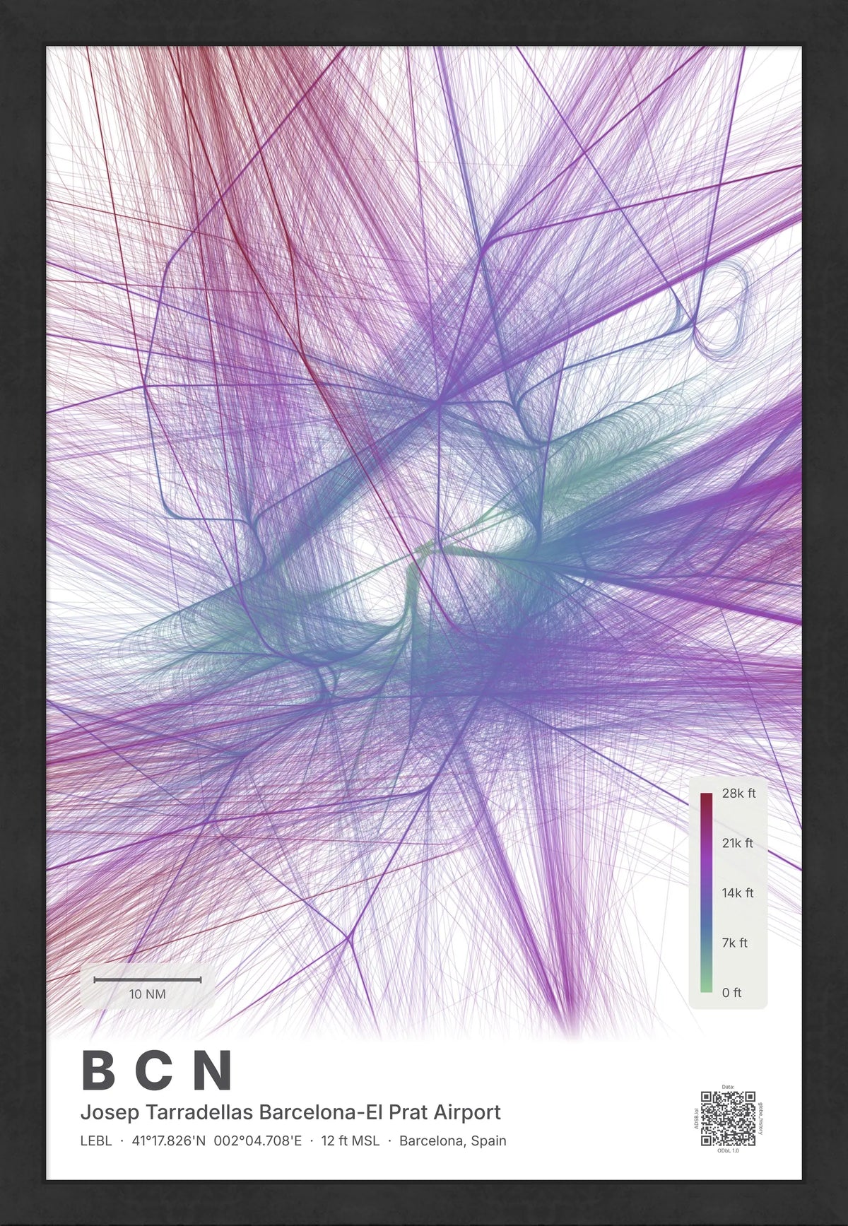 BCN flight path map — Prism theme · Light [material:framed_black]