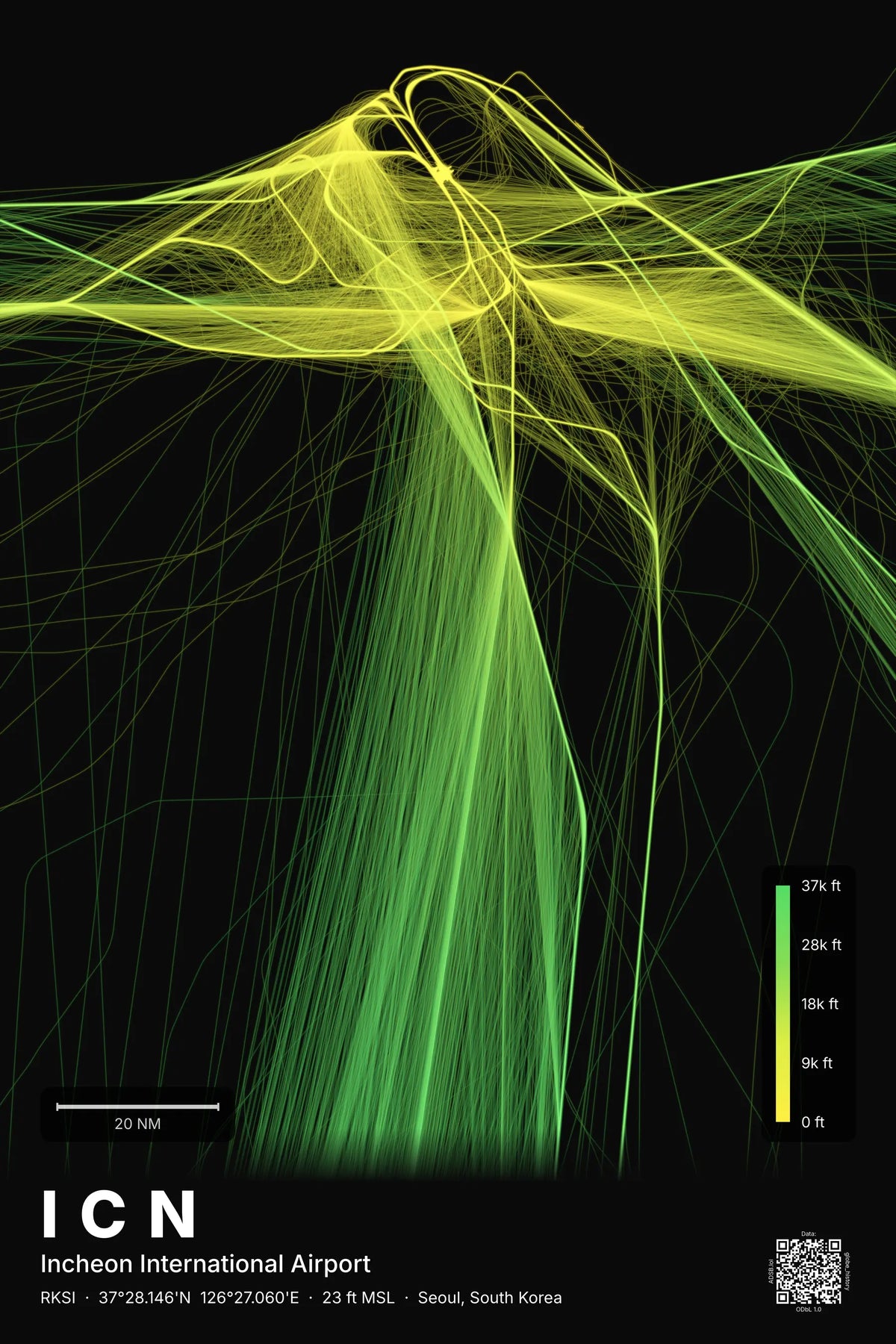 ICN flight path map — Citrus theme · Dark