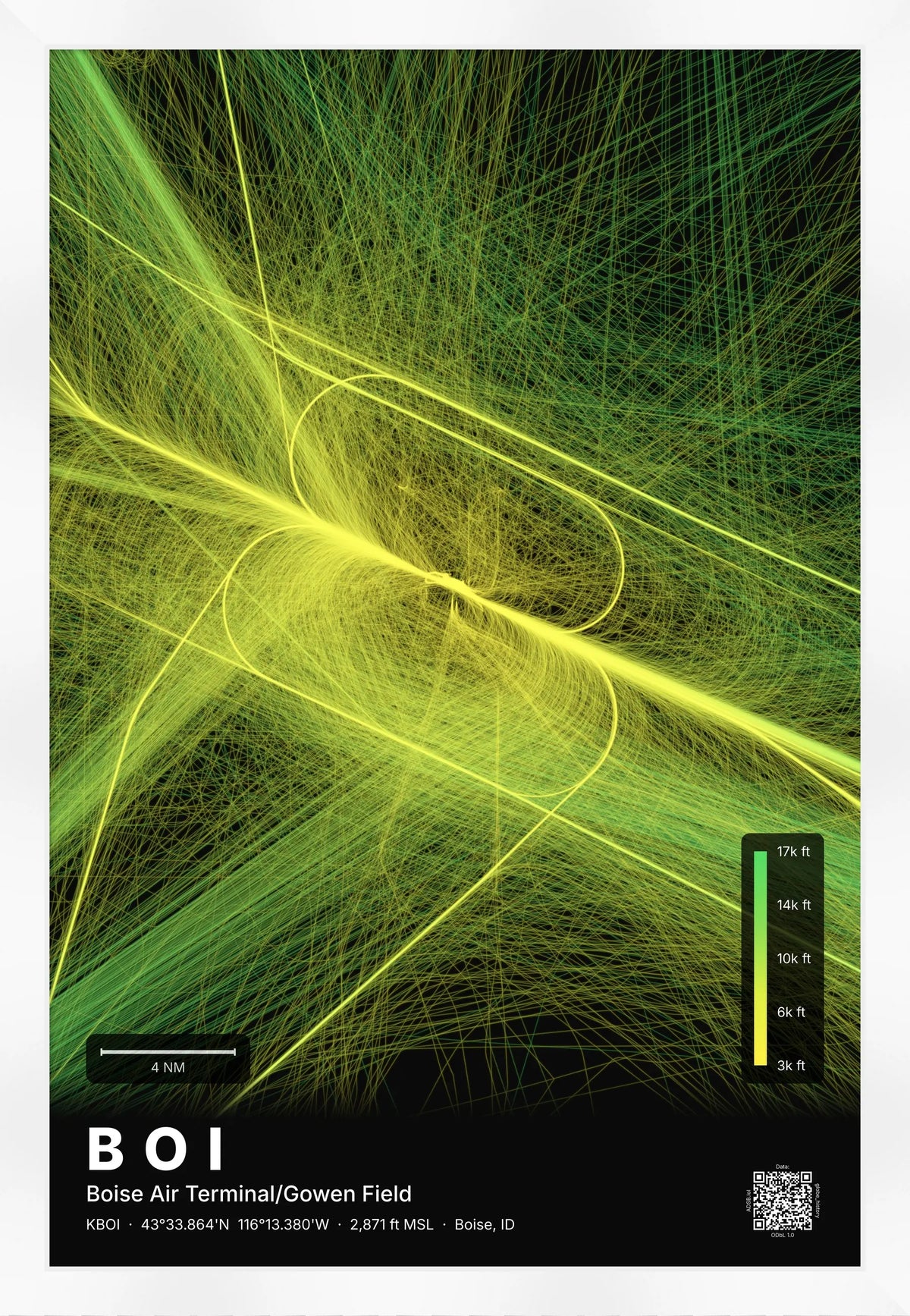 BOI flight path print — Citrus theme · Dark [material:framed_white]
