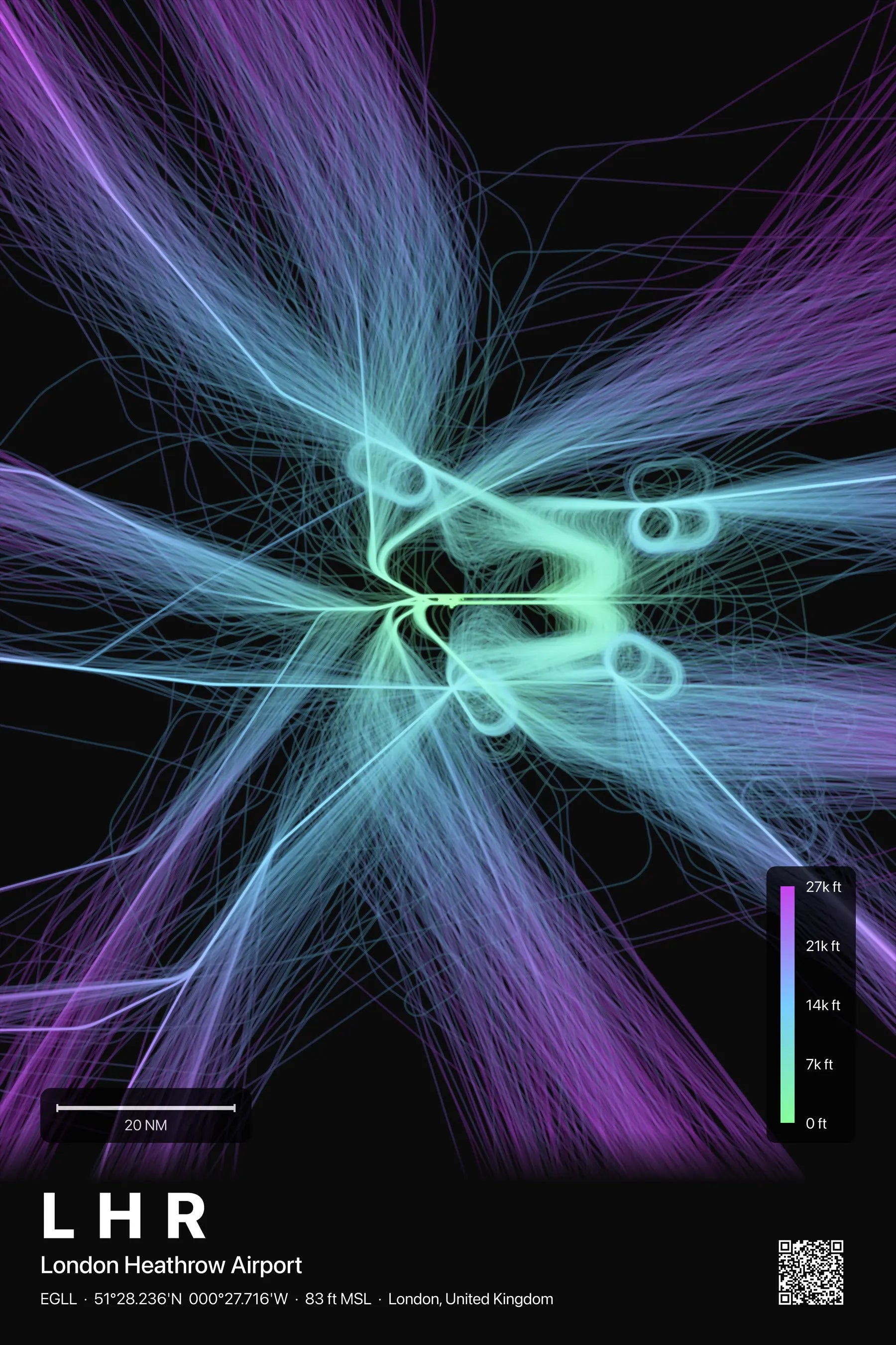 LHR flight path print — Prism theme · Dark