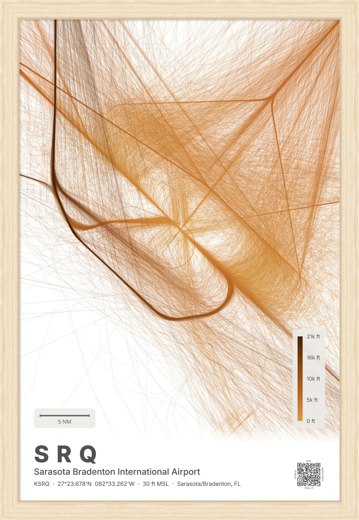 SRQ flight path print — Solana theme · Light [material:framed_natural]