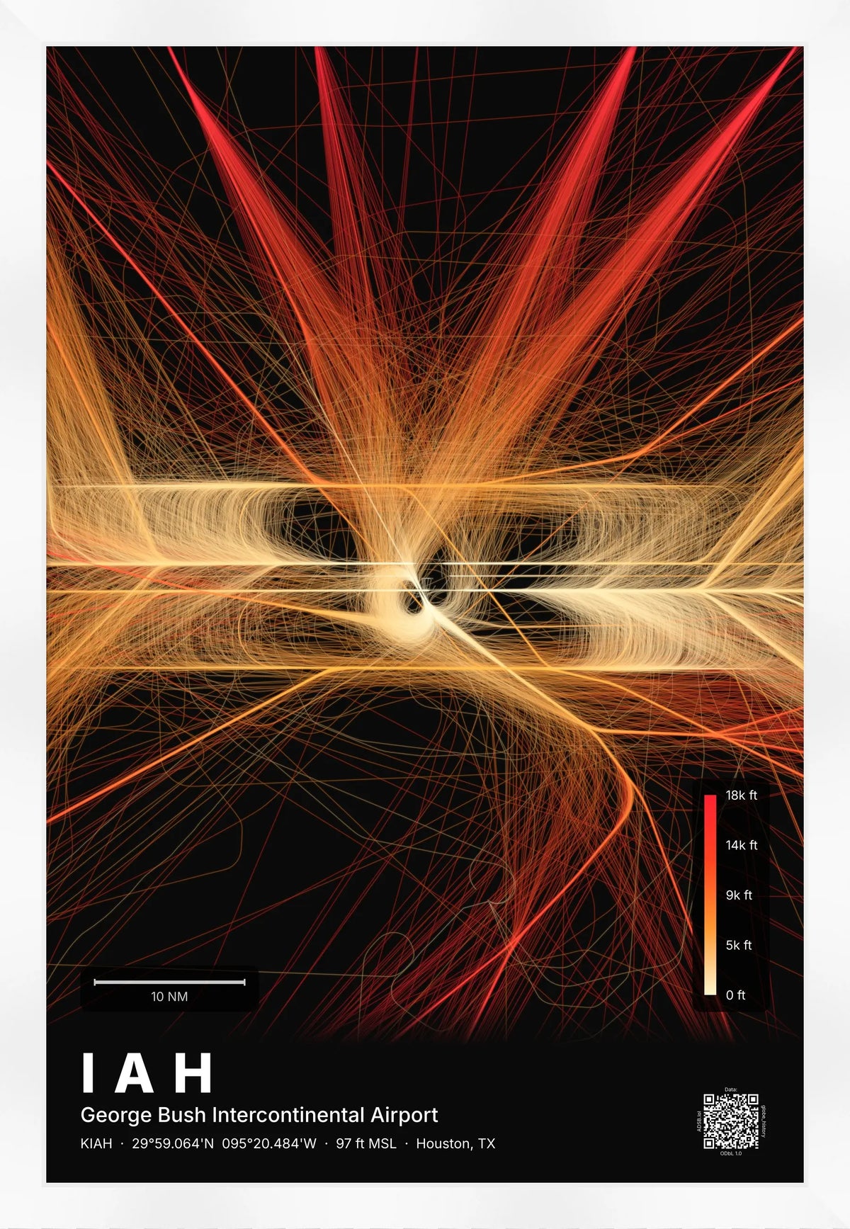 IAH flight path print — Inferno theme · Dark [material:framed_white]