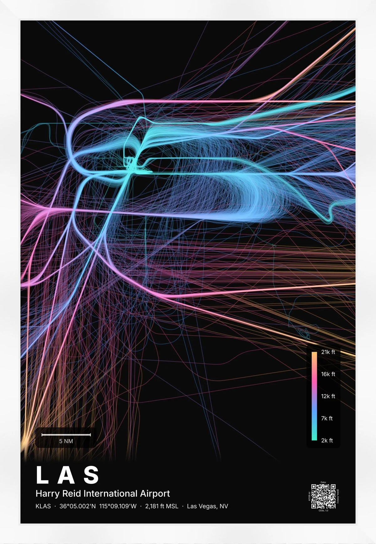LAS flight path print — Aurora theme · Dark [material:framed_white]
