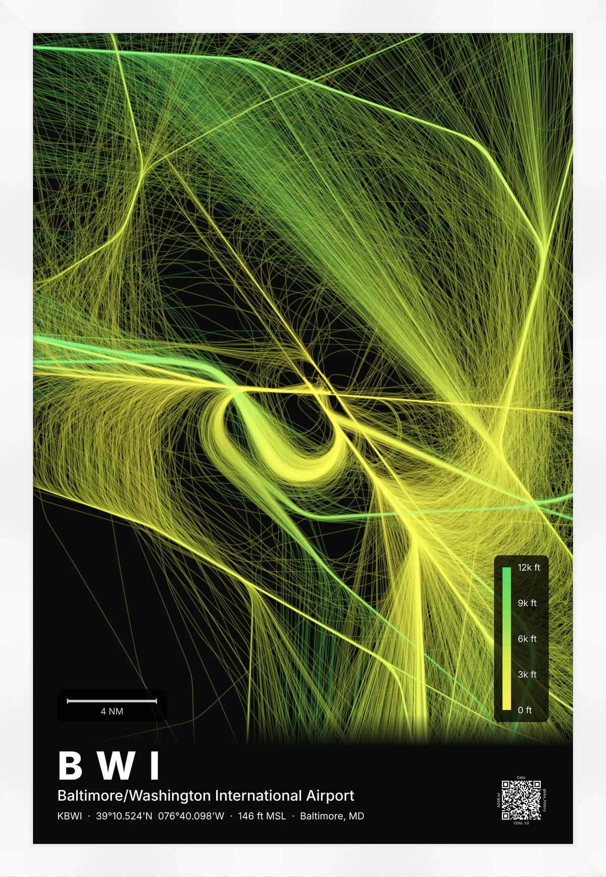 BWI flight path print — Citrus theme · Dark [material:framed_white]