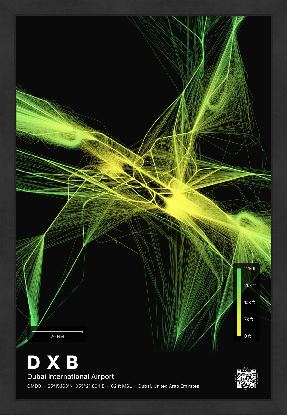 DXB flight path print — Citrus theme · Dark [material:framed_black]