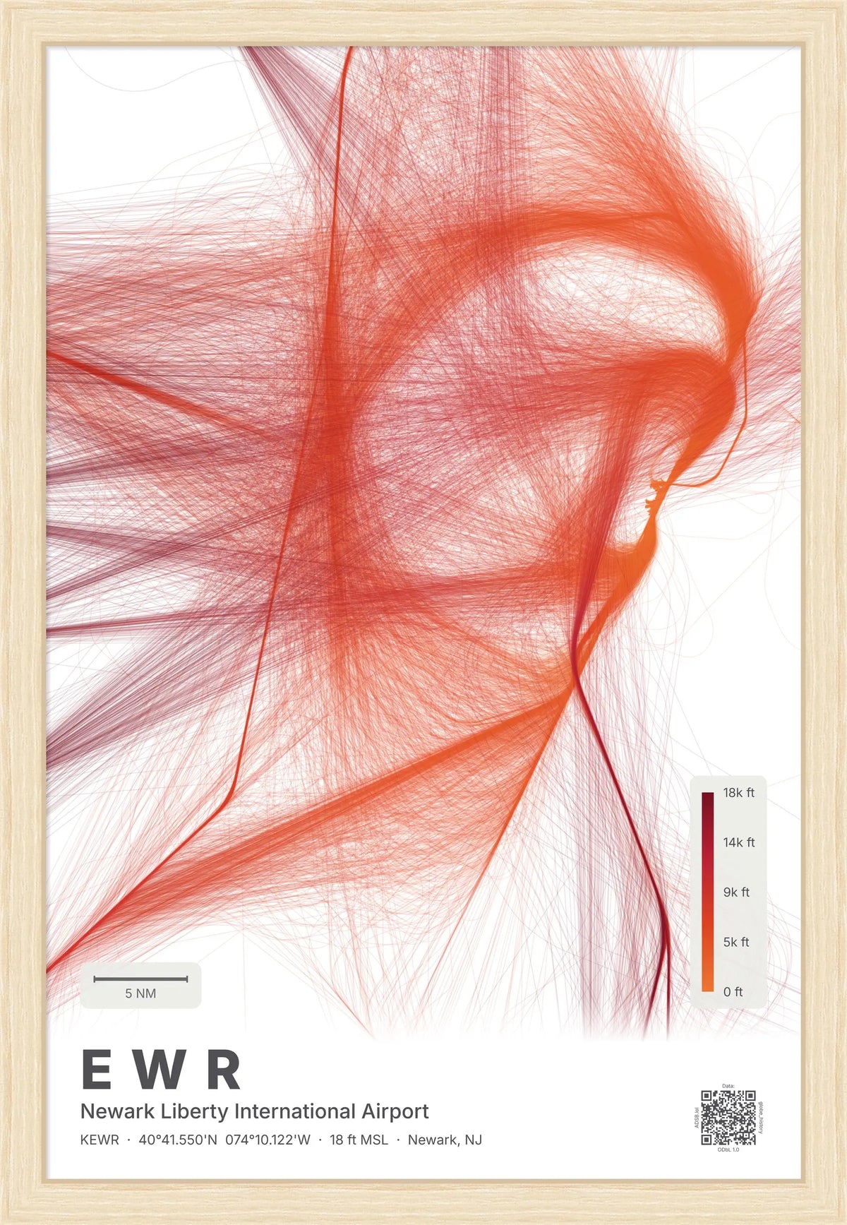 EWR flight path print — Inferno theme · Light [material:framed_natural]
