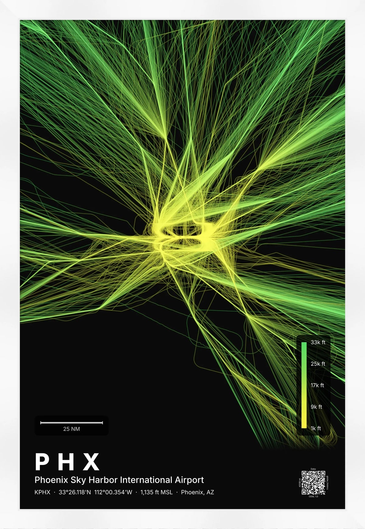 PHX flight path print — Citrus theme · Dark [material:framed_white]