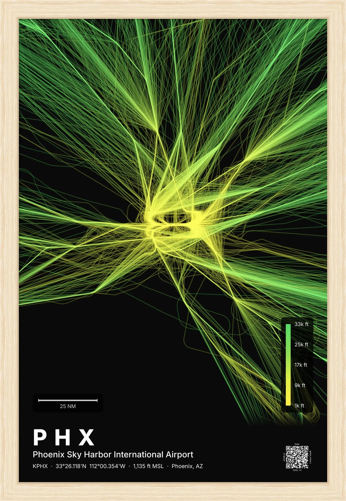 PHX flight path print — Citrus theme · Dark [material:framed_natural]