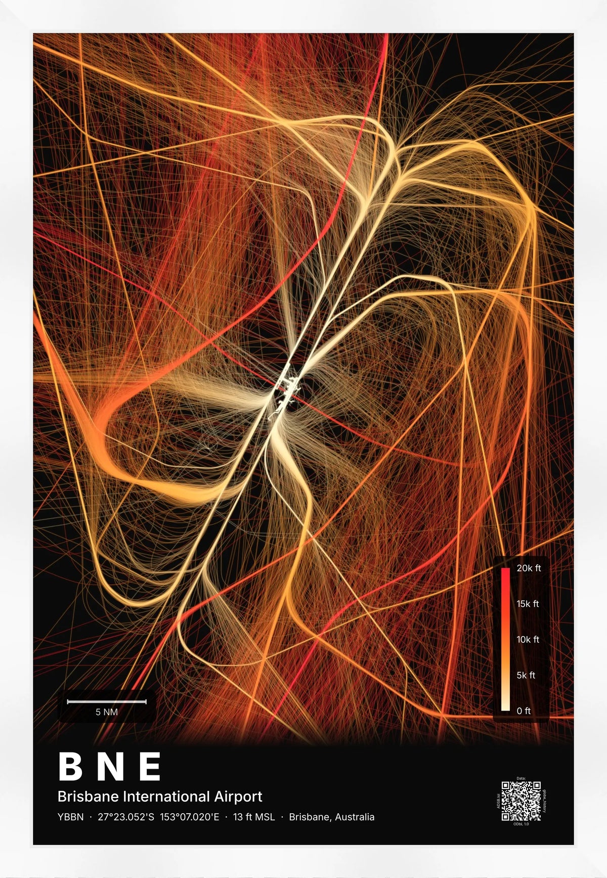 BNE flight path map — Inferno theme · Dark [material:framed_white]