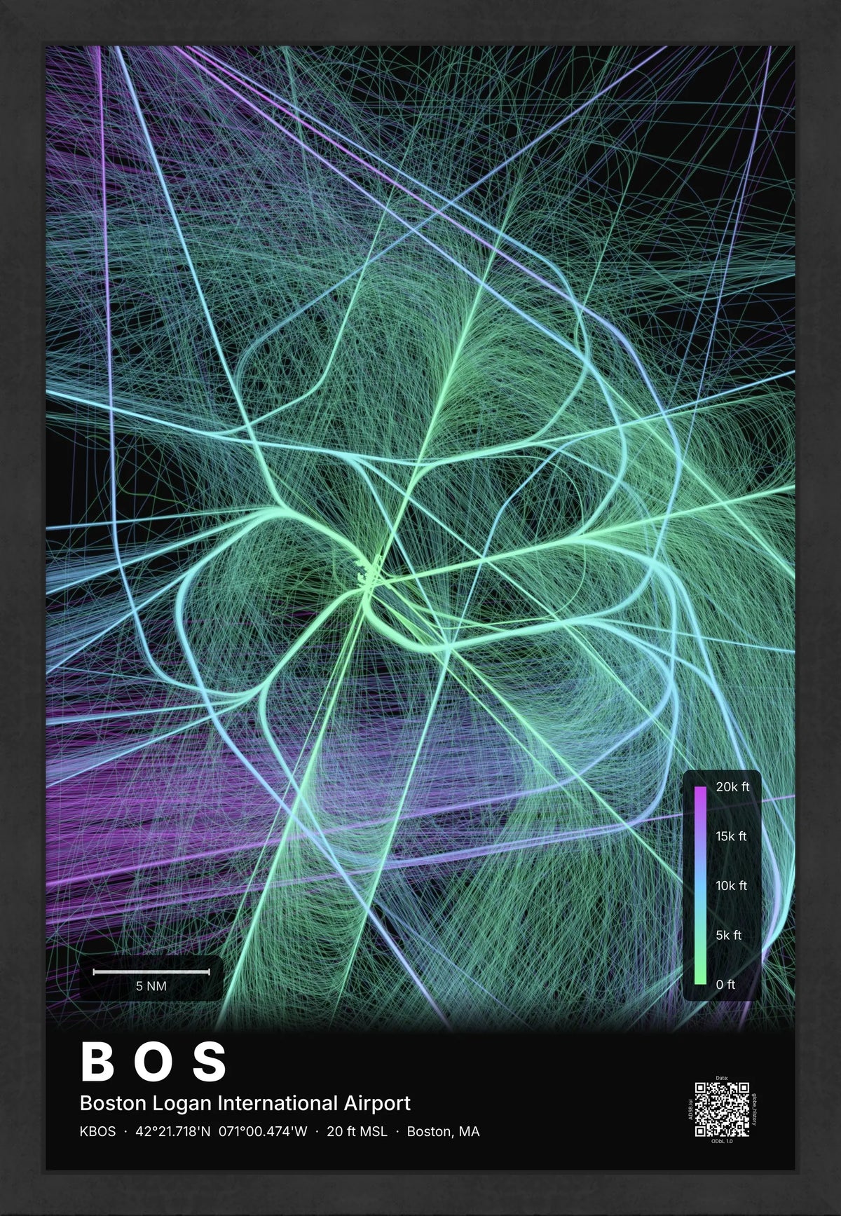 BOS flight path print — Prism theme · Dark [material:framed_black]