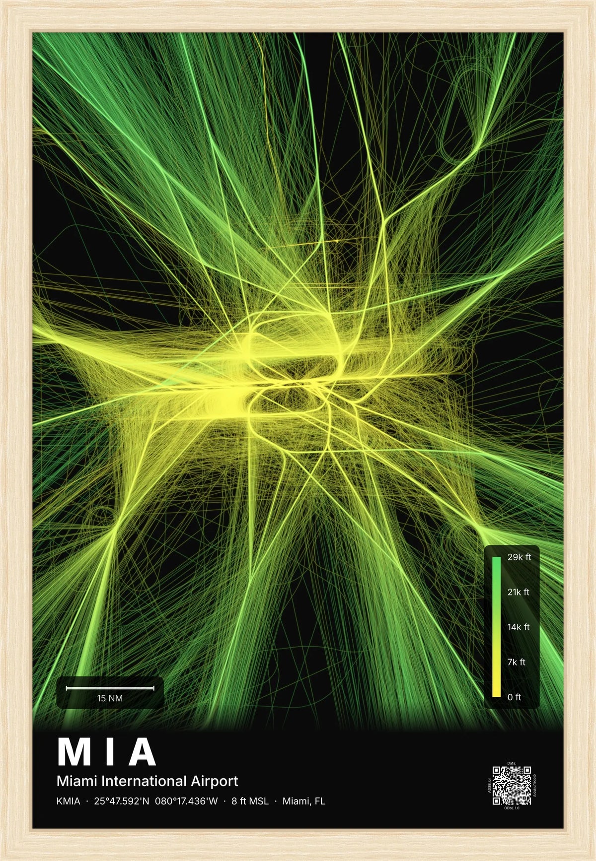 MIA flight path print — Citrus theme · Dark [material:framed_natural]