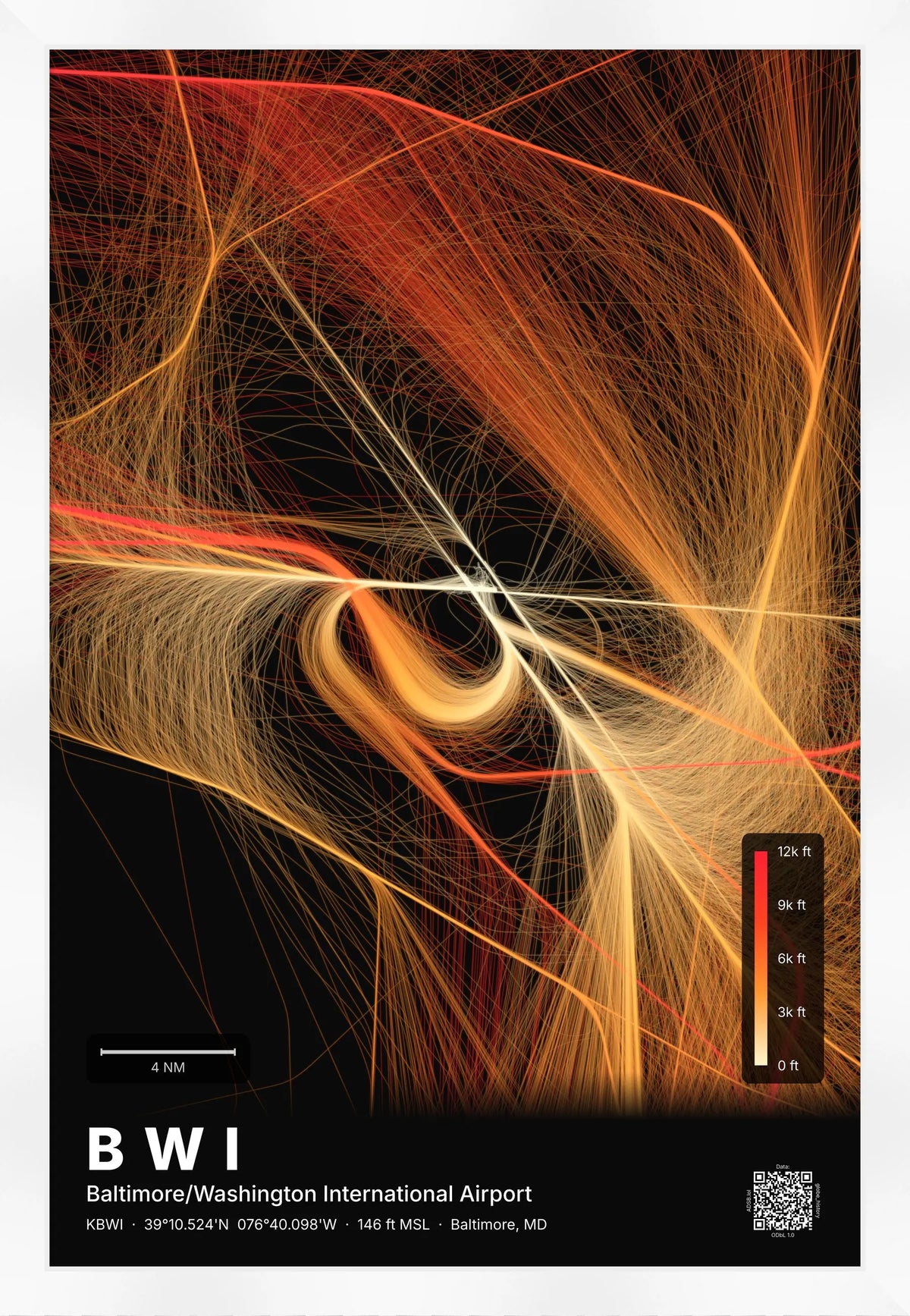 BWI flight path print — Inferno theme · Dark [material:framed_white]