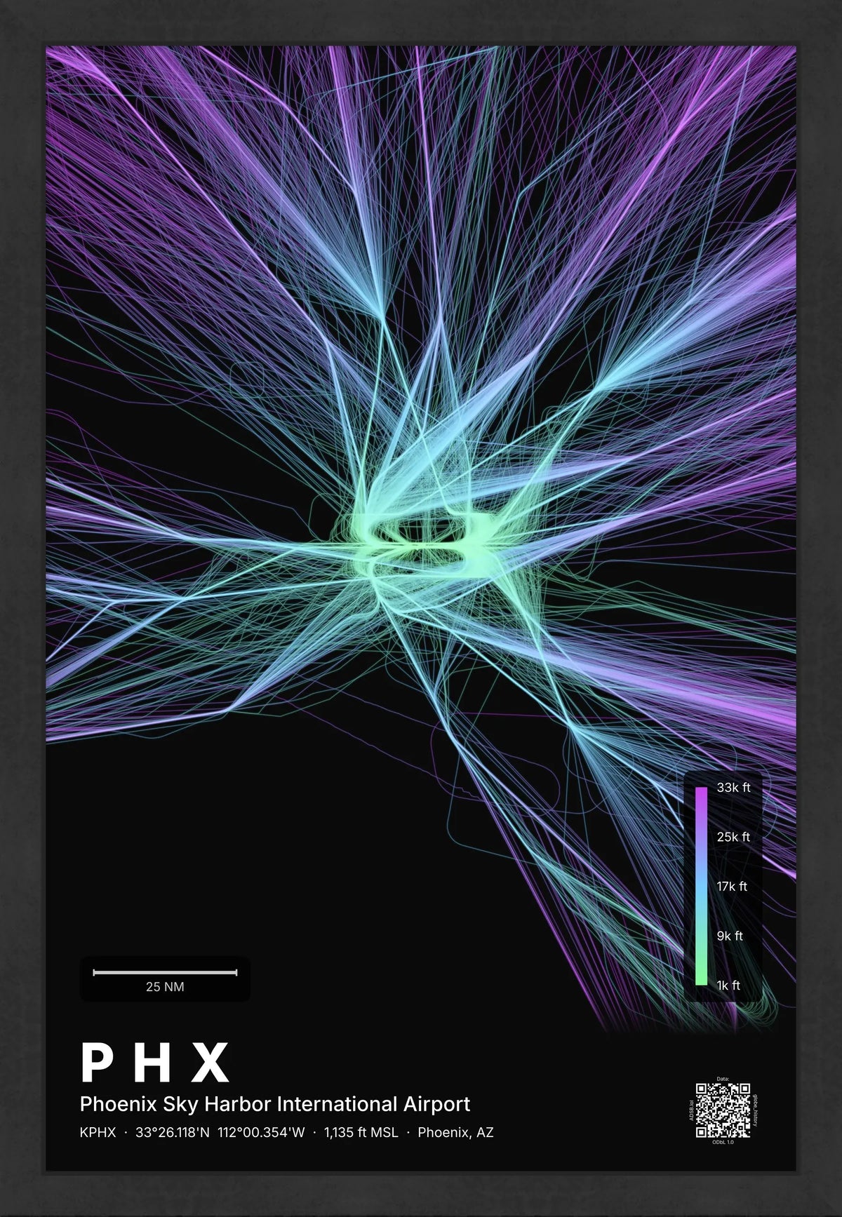 PHX flight path print — Prism theme · Dark [material:framed_black]